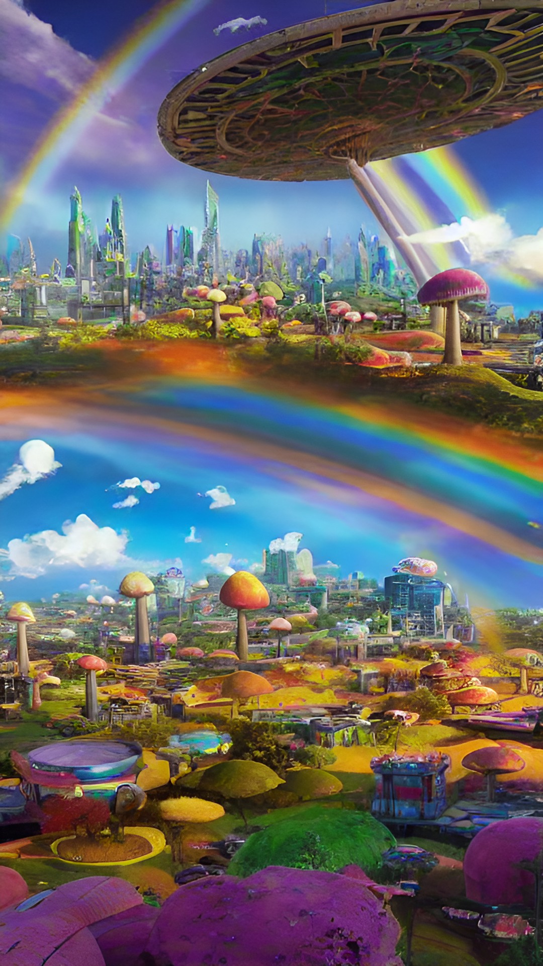 a scenic view of a futuristic city where all the buildings are inside giant organic mushrooms. the sun is a spiral and the clouds are rainbow colored fractals. preview