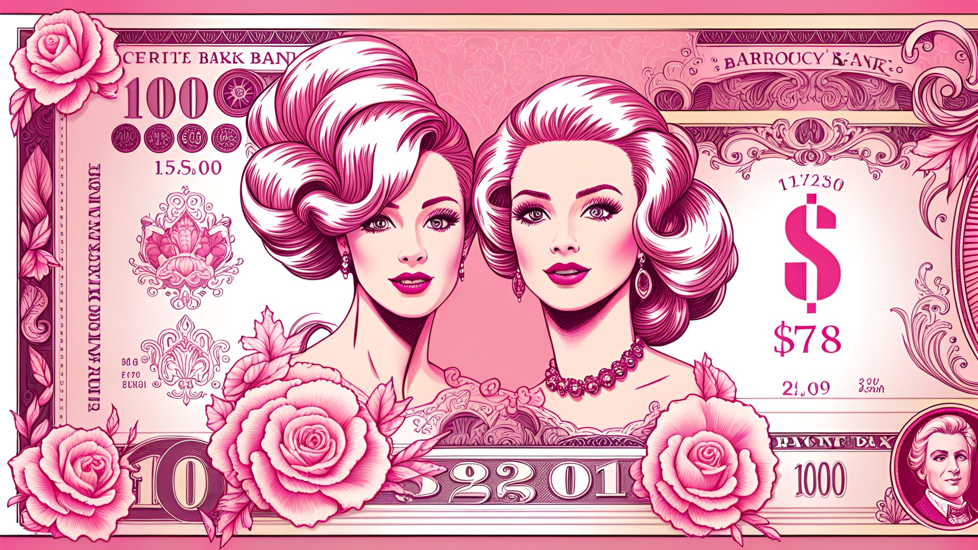 Barbie Bucks - pink and white currency bank notes ,barbie themed banknote ,barbie bitcoin monogram,baroque feminine, preview