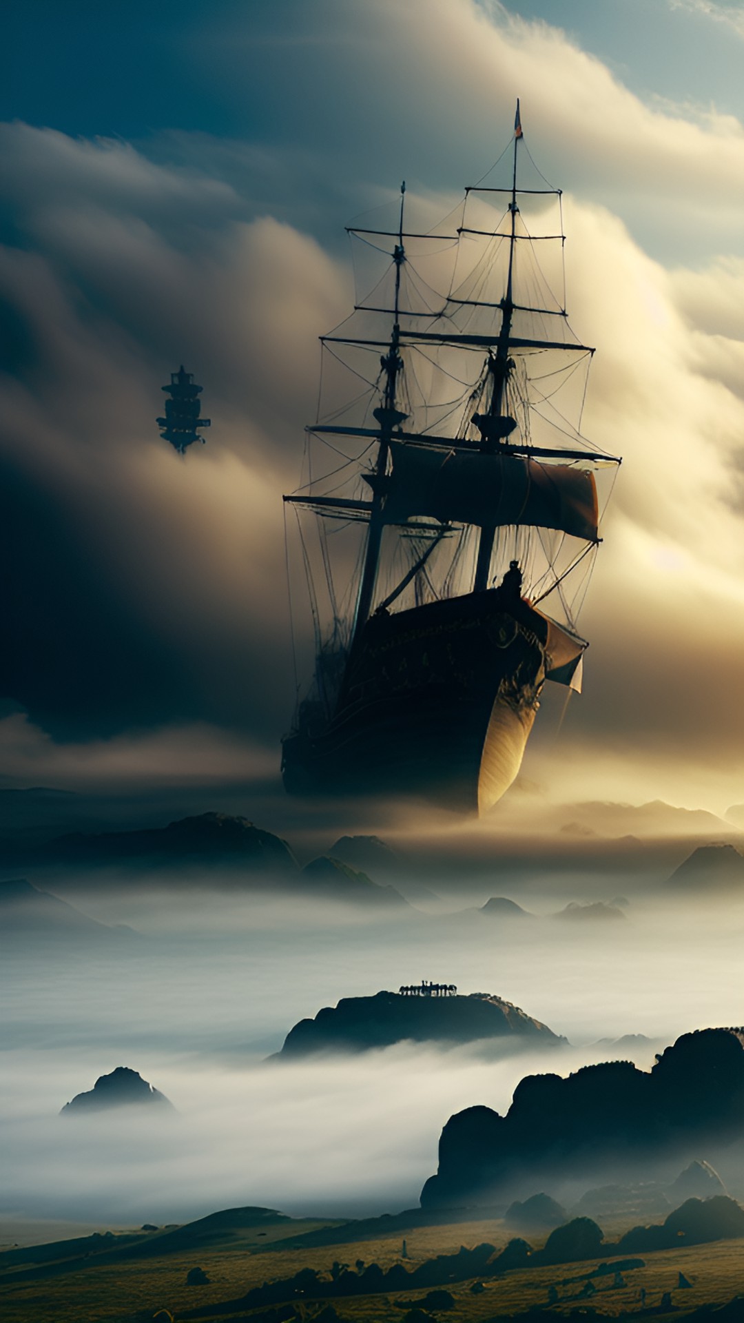 Flying ship - flying dutchman, pirate ship, attacking, plains, fog, mist, eerie preview