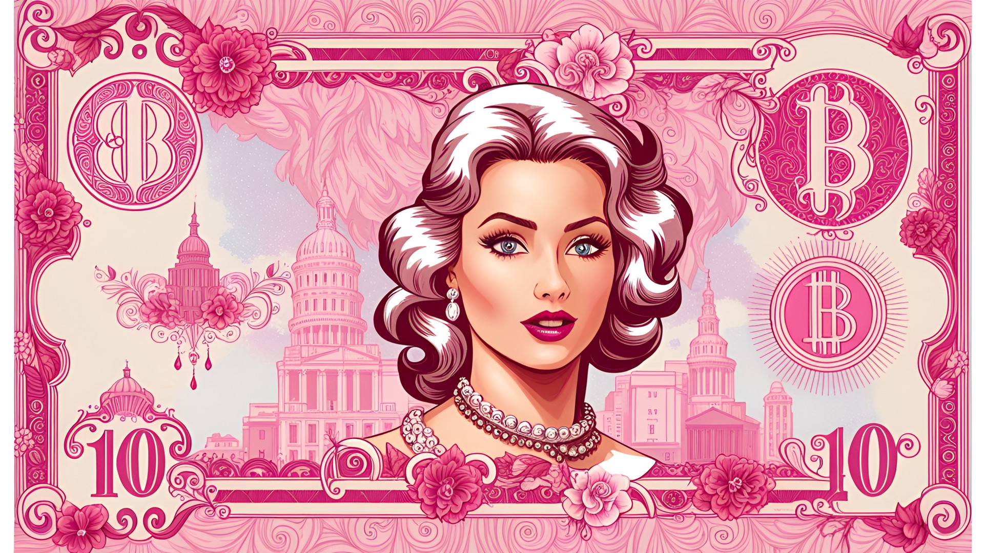 barbie bucks - pink and white currency bank notes ,barbie themed banknote ,barbie bitcoin monogram,baroque feminine, preview