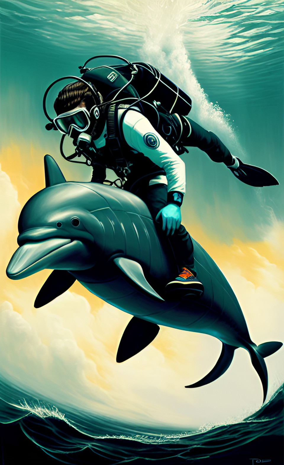 Riding Dolphins - scuba diver riding on a dolphins back preview