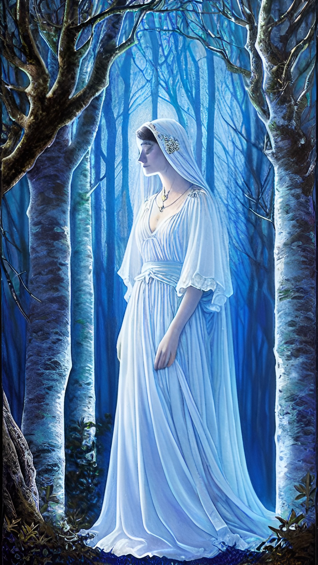 in the soft glow of the moonlight, a priestess of the moon stands in the sacred grove, wearing a fine silk gown with metallic embroidery. the palette is mostly white, shades of blue and silver, black, and hints of warmer colors preview