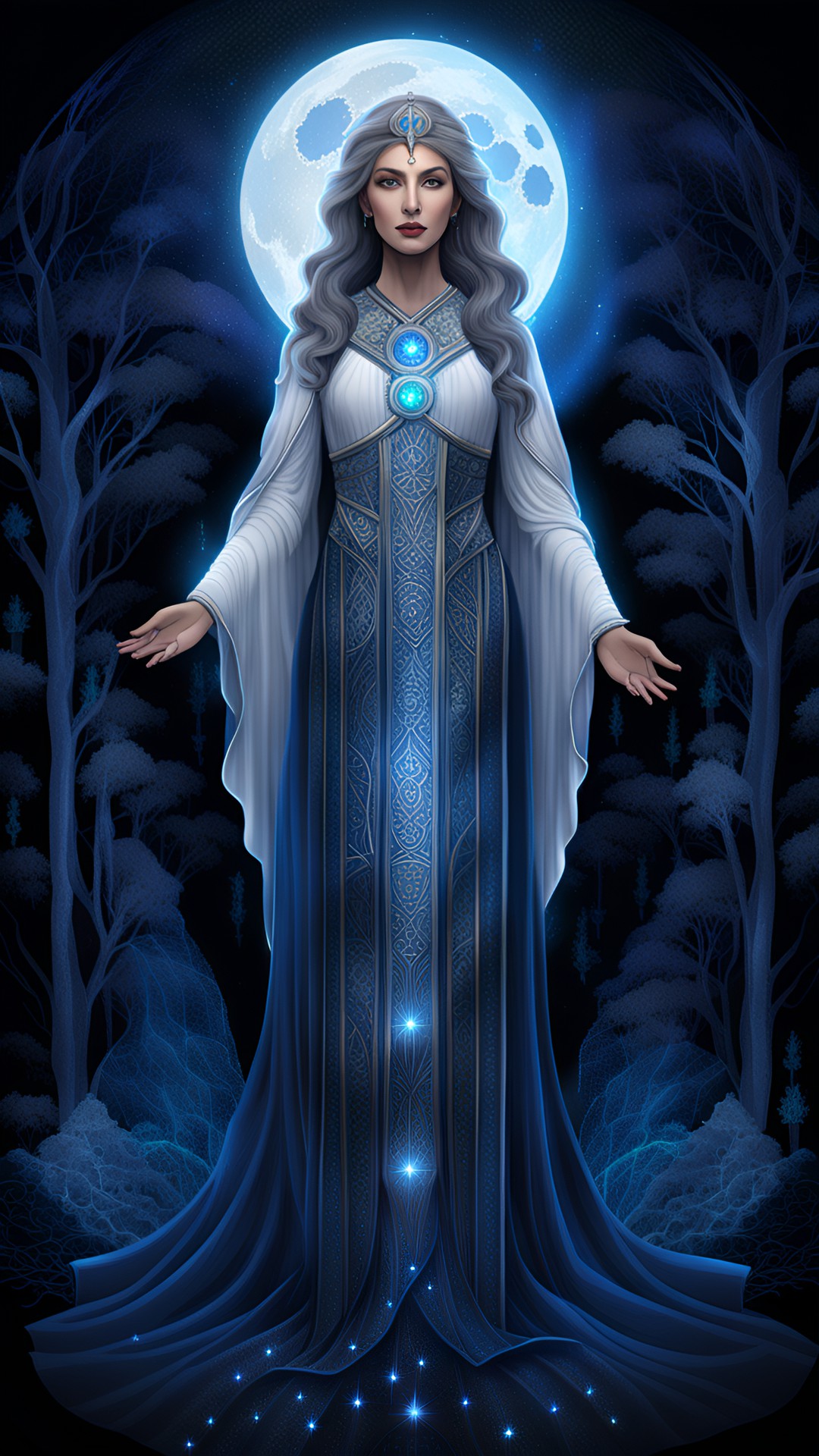 a priestess of the moon stands in the sacred grove at midnight, wearing a fine silk gown with metallic embroidery. the palette is mostly white, shades of blue and silver, black, and hints of warmer colors preview