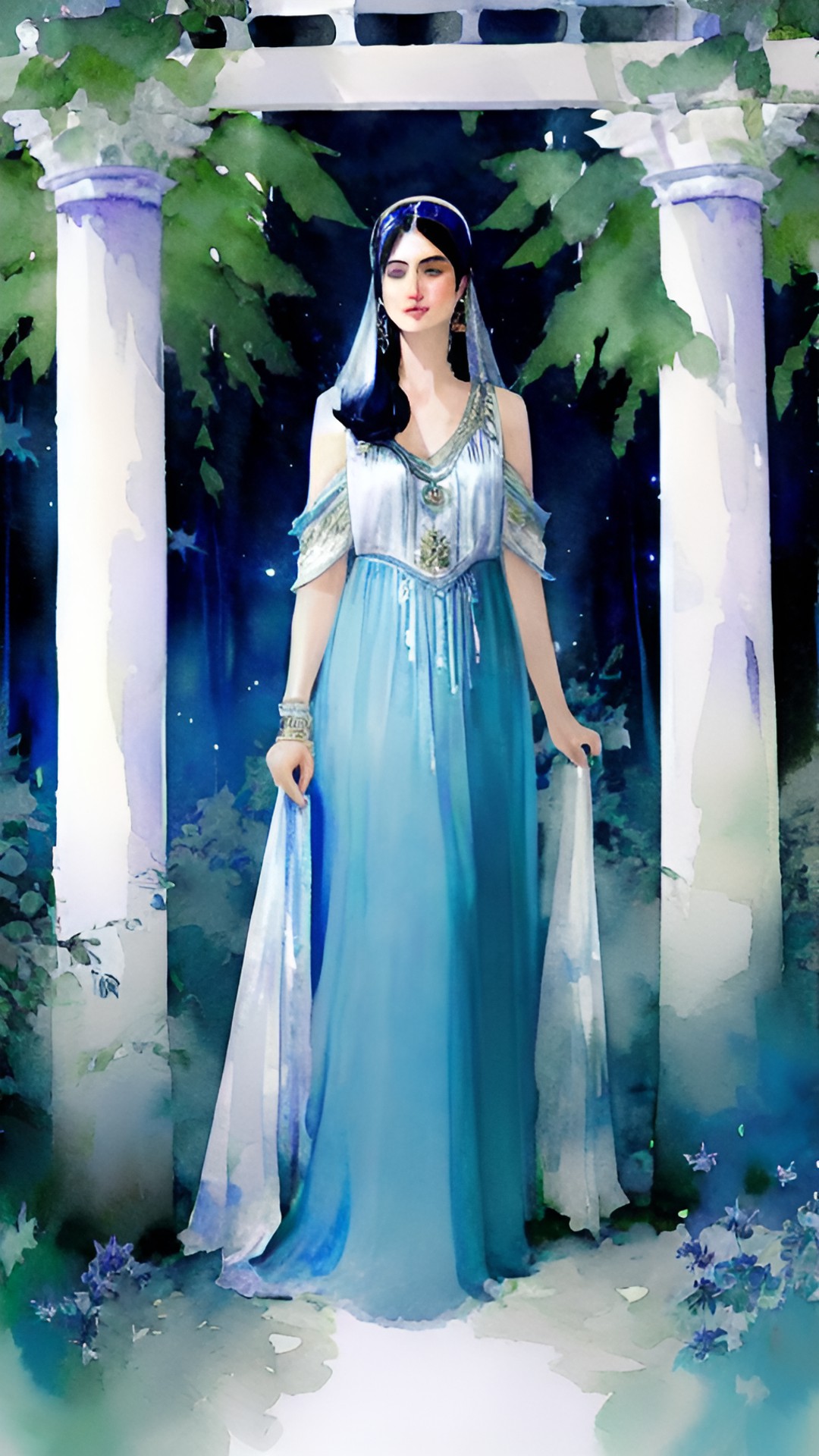 a priestess of the moon stands in the sacred grove at midnight, wearing a fine silk gown with metallic embroidery. the palette is mostly white, shades of blue and silver, black, and hints of warmer colors preview