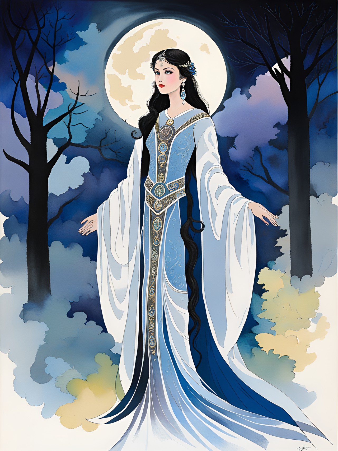 a priestess of the moon stands in the sacred grove at midnight, wearing a fine silk gown with metallic embroidery. the palette is mostly white, shades of blue and silver, black, and hints of warmer colors preview