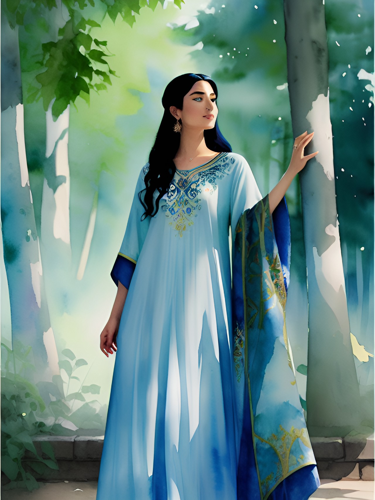 a priestess of the moon stands in the sacred grove at midnight, wearing a fine silk gown with metallic embroidery. the palette is mostly white, shades of blue and silver, black, and hints of warmer colors preview