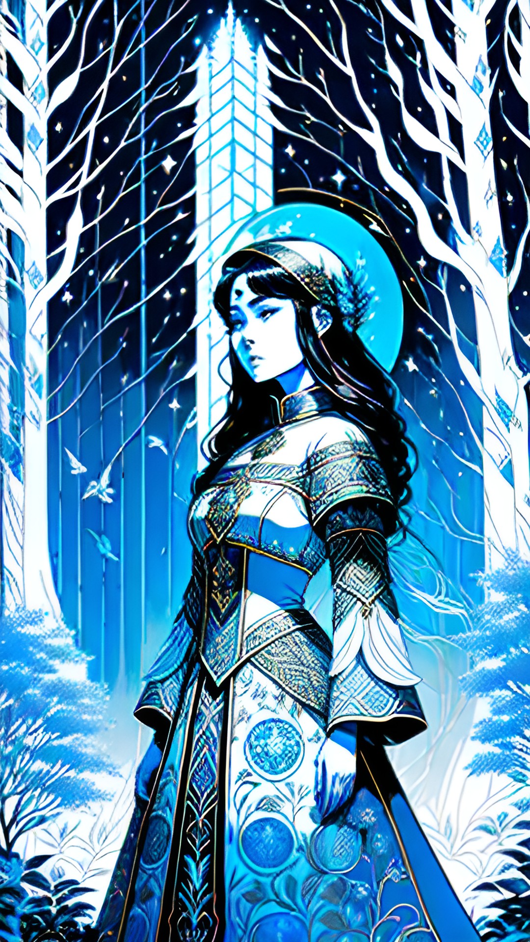 a priestess of the moon stands in the sacred grove at midnight, wearing a fine silk gown with metallic embroidery. the palette is mostly white, shades of blue and silver, black, and hints of warmer colors preview