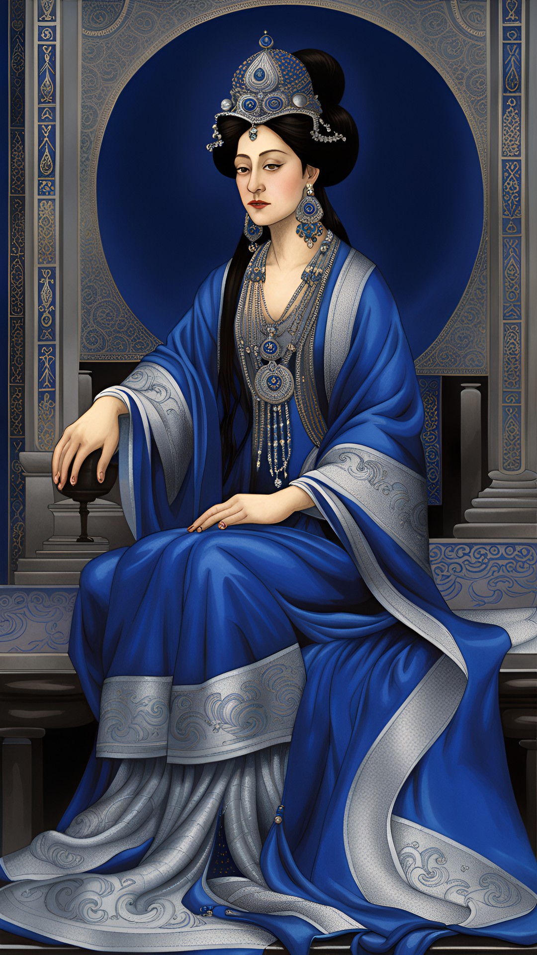 official formal portrait a priestess of the moon at midnight, seated in the temple, wearing a fine silk gown in royal blue with silver embroidery. cool palette. preview