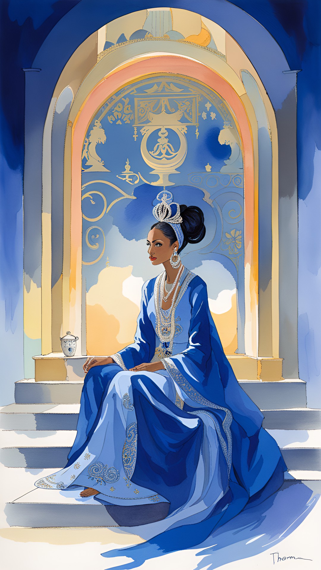 official formal portrait a priestess of the moon at midnight, seated in the temple, wearing a fine silk gown in royal blue with silver embroidery. cool palette. preview