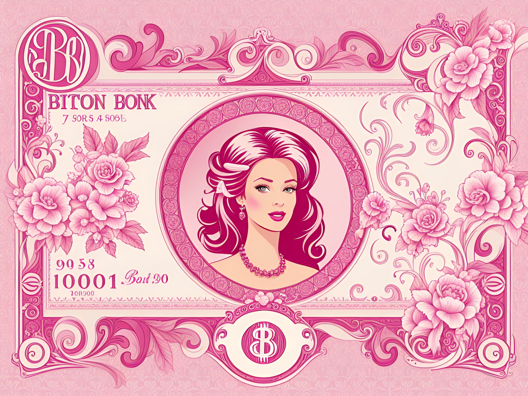 bit on bonk - pink and white currency bank notes ,barbie themed banknote ,barbie bitcoin monogram,baroque feminine, preview