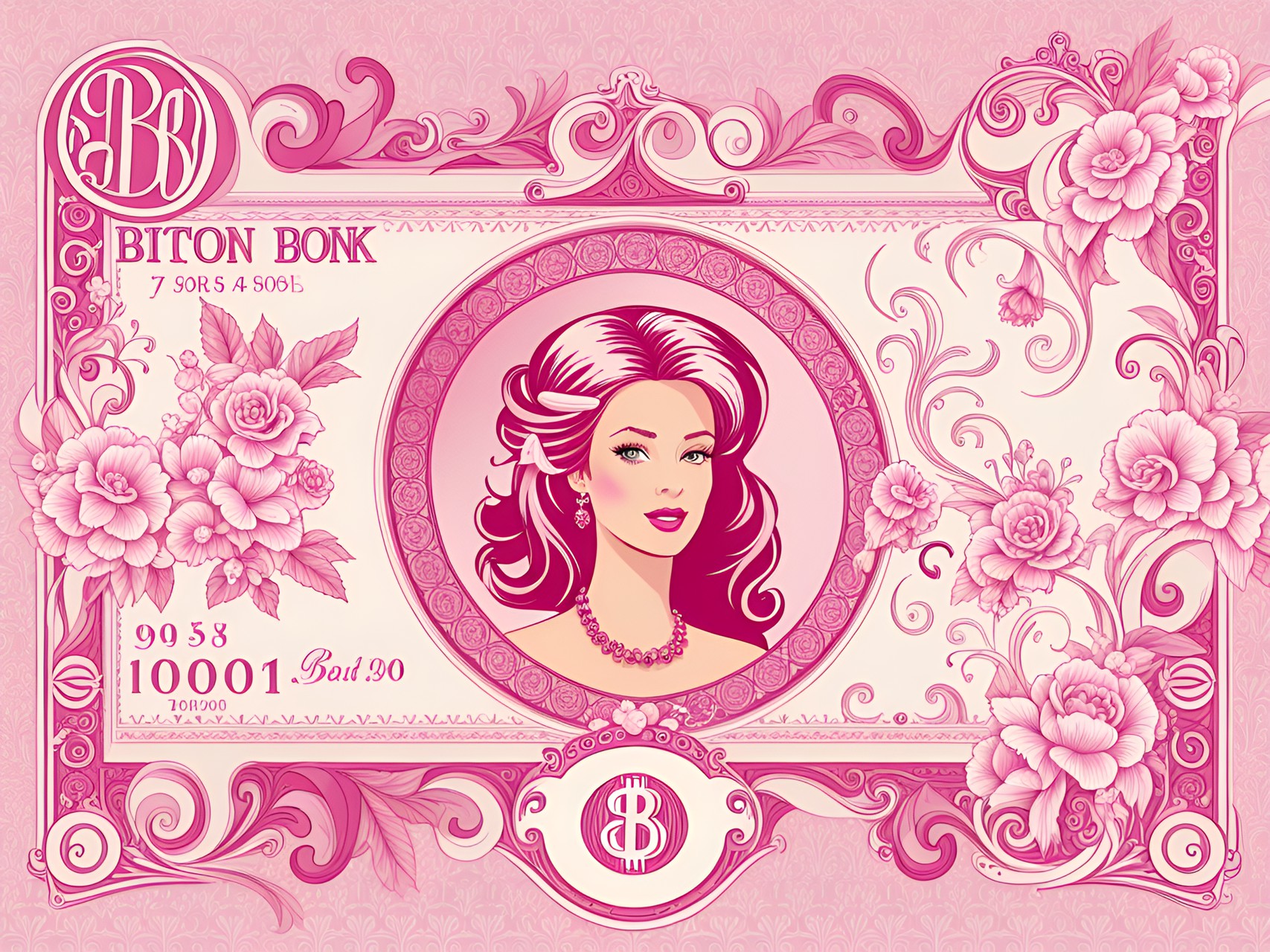 bit on bonk - pink and white currency bank notes ,barbie themed banknote ,barbie bitcoin monogram,baroque feminine, preview