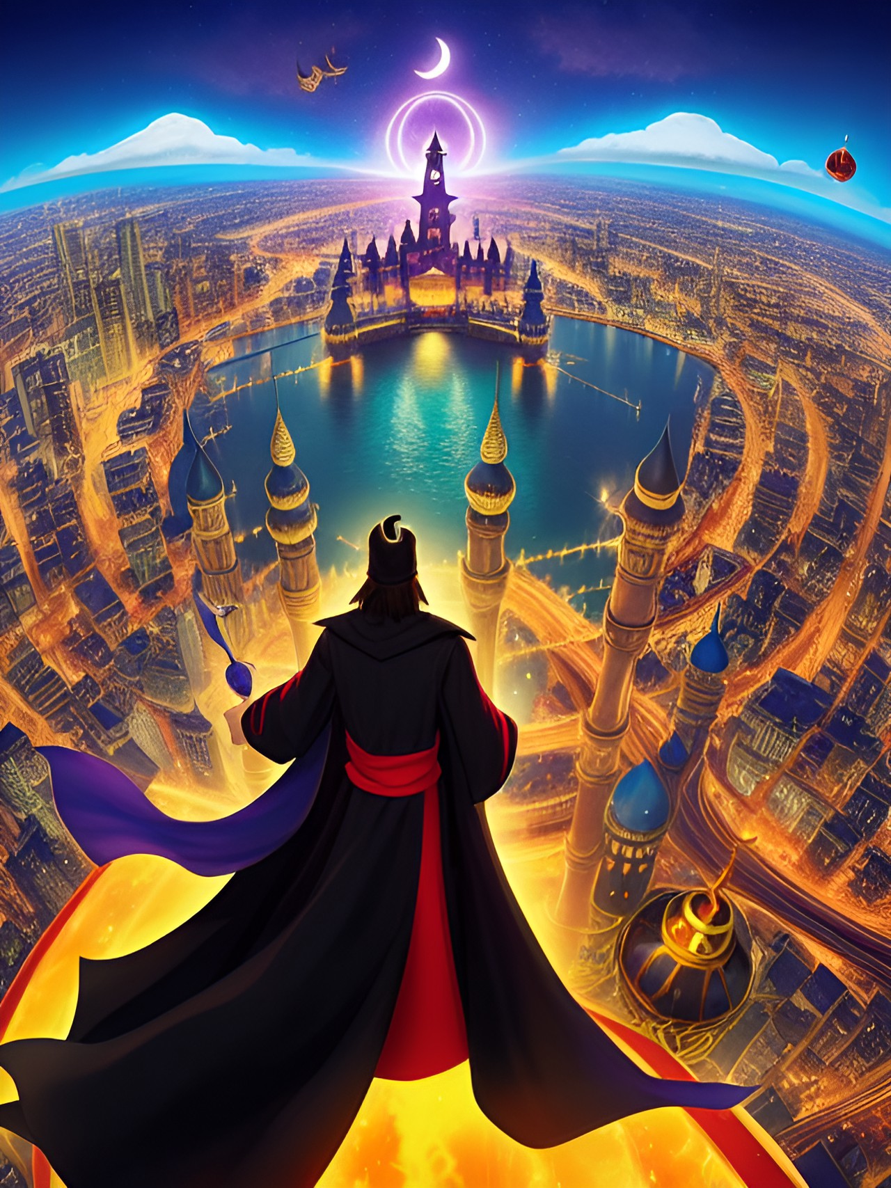 jafar, the powerful sorcerer and villain from disney's aladdin, towers over the city with an evil grin. his long black robes billow in the wind, and his staff glints in the sun. preview