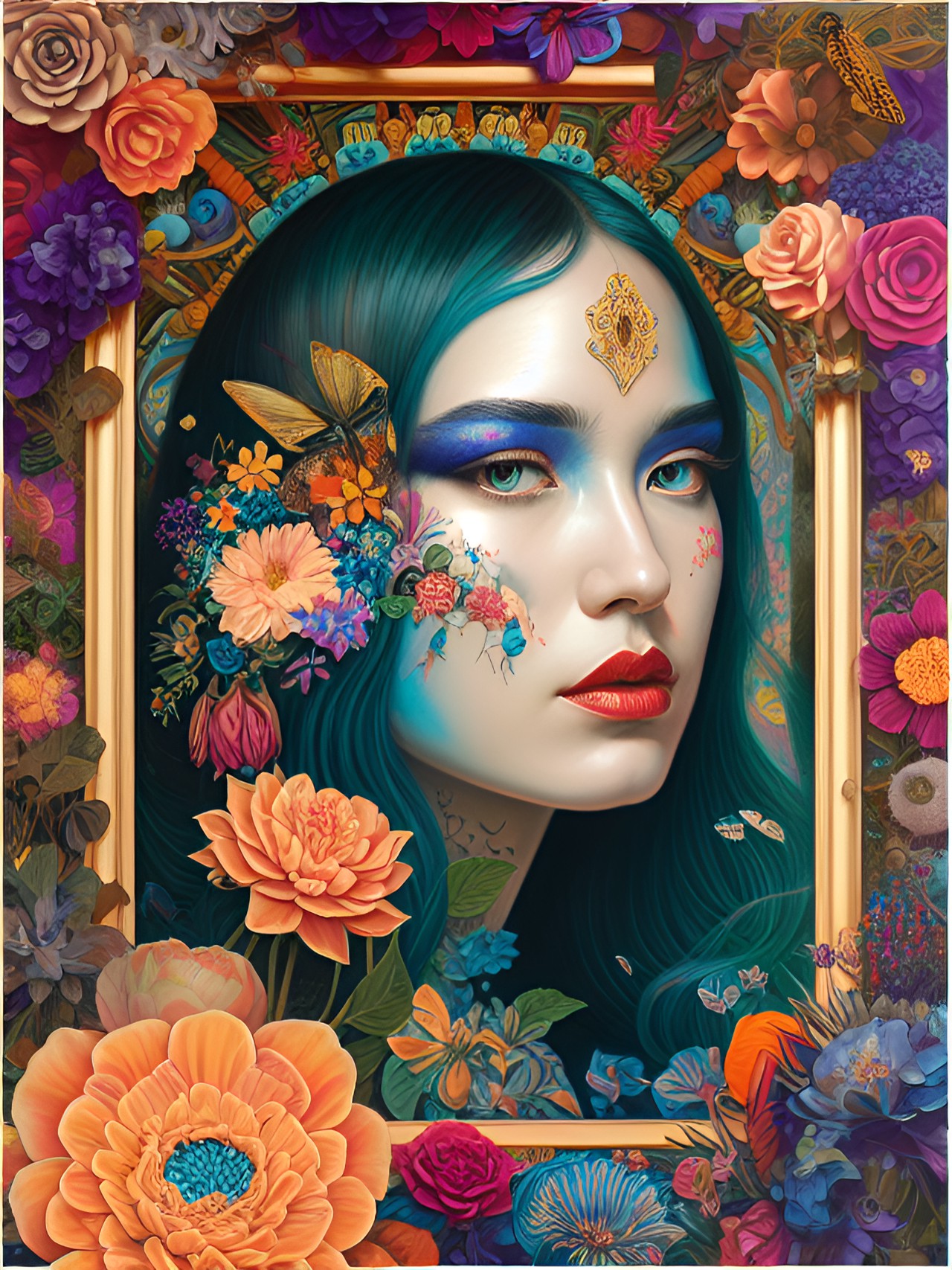 infinity mirror woman portrait surrounded by voluptuous sensual flowers preview