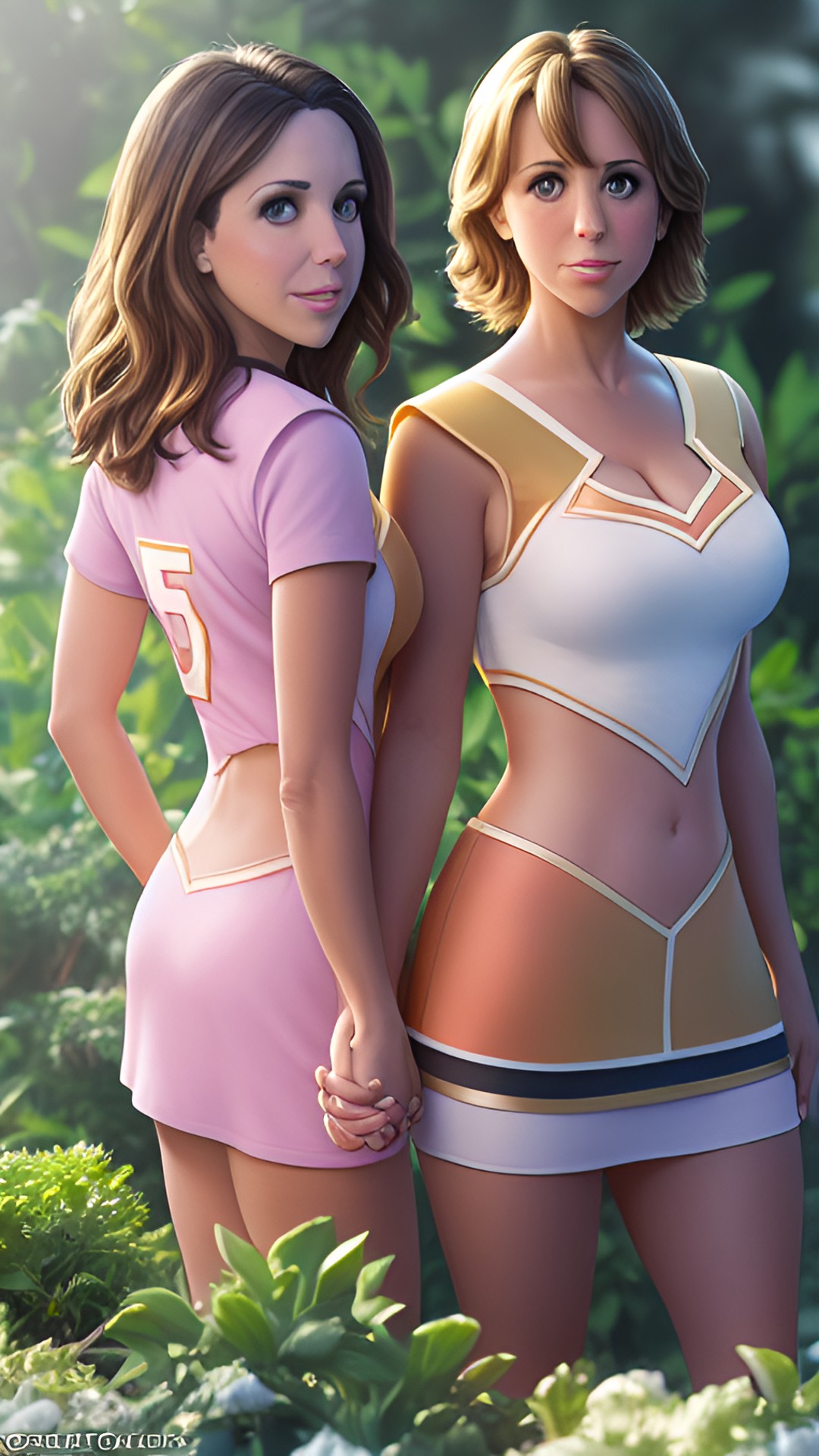 adorable (lacey chabert and gretchen wieners holding hands) are cute disney-style superhero teammates in white-costumes with dark-gold trim. detailed face. ((very large bust)) $red, hats, hat, head-piece, bows, gloves$ preview