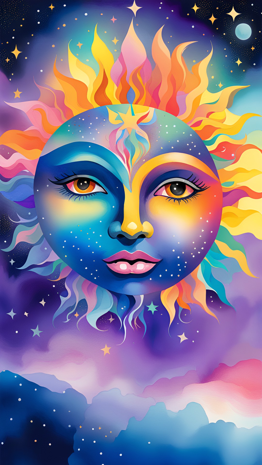 The Eternal One - 4k high resolution multicolored psychedelic sun with a face, dark midnight galaxy with bright sparkling stars preview