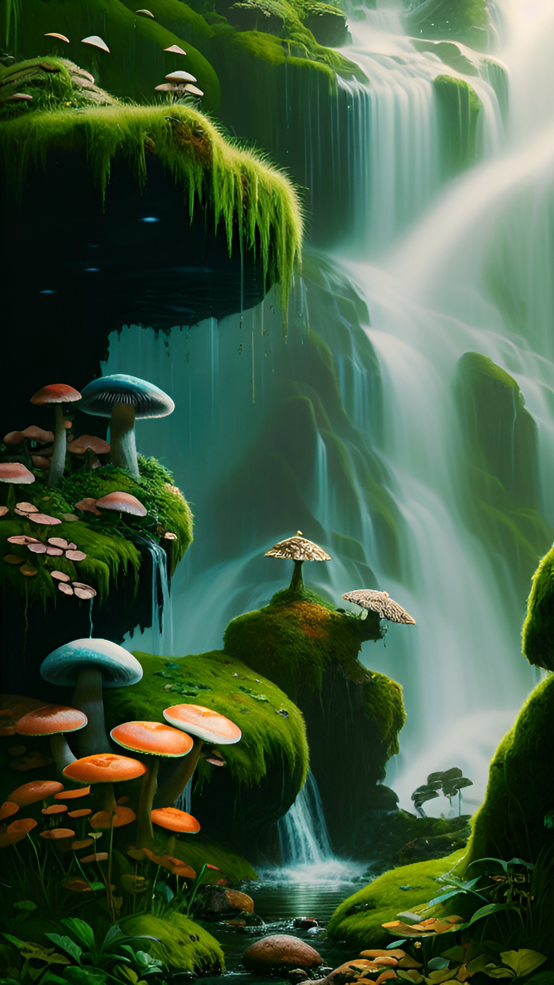 Wet and Wild - behind the waterfall. green moss, mushrooms, and lichens on rocks preview