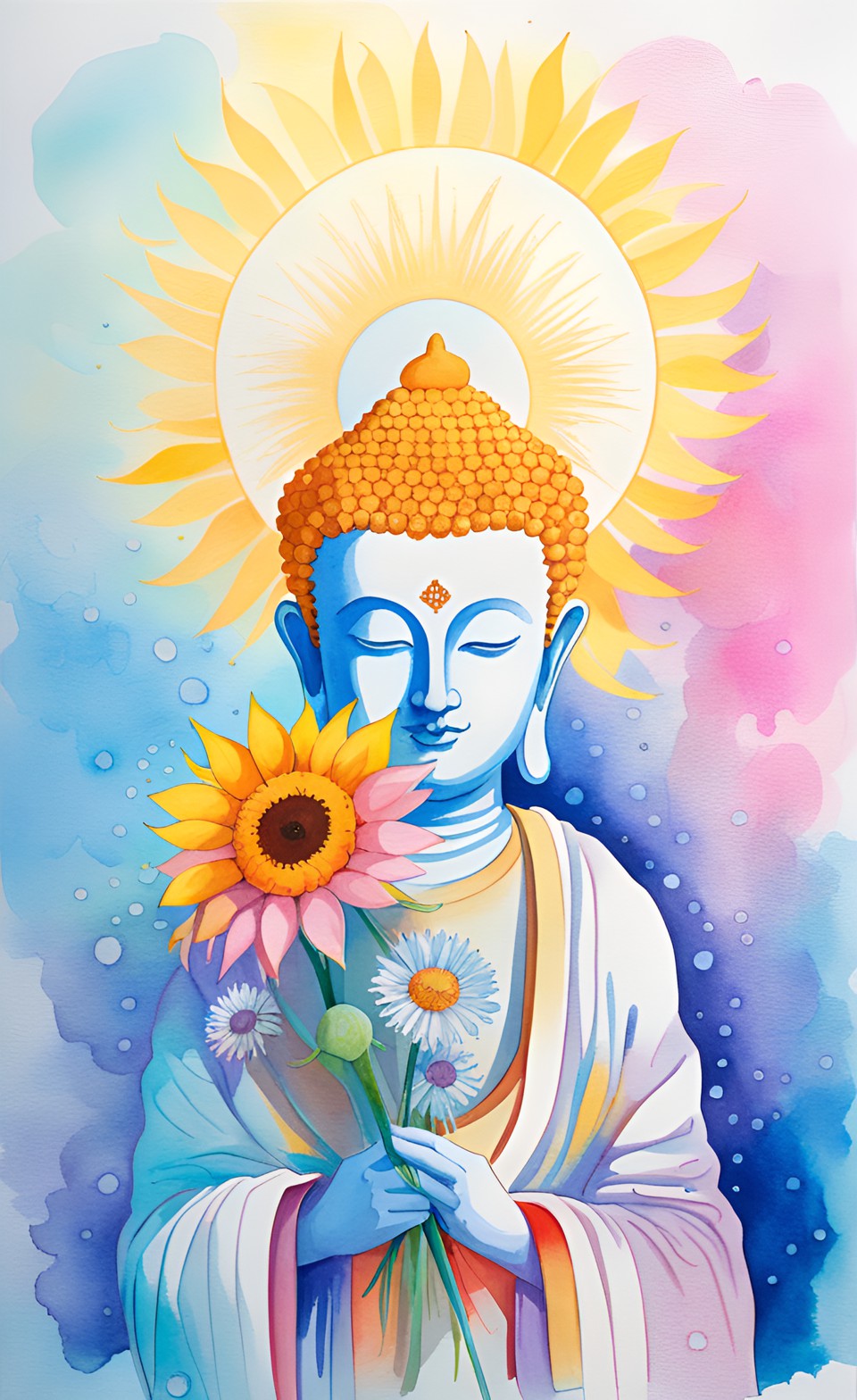 the buddha holding a bouquet of white dandelion, blue lotus and sunflowers preview