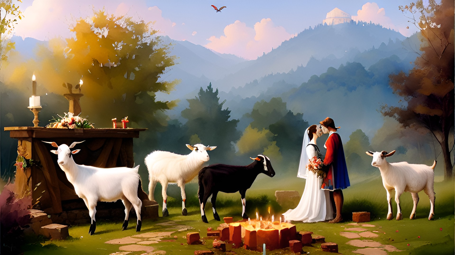 romeo juliet together placing a sacrificial goat on a woodland ((altar)) preview