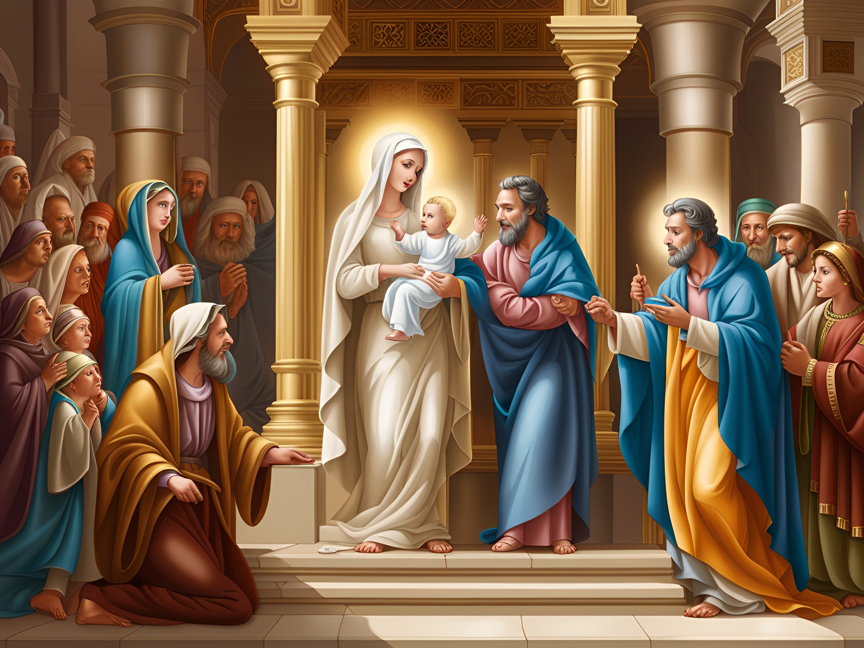 the virgin mary and saint joseph her husband inside the temple, baby jesus being presented in the temple, highly detailed, fantasy art preview