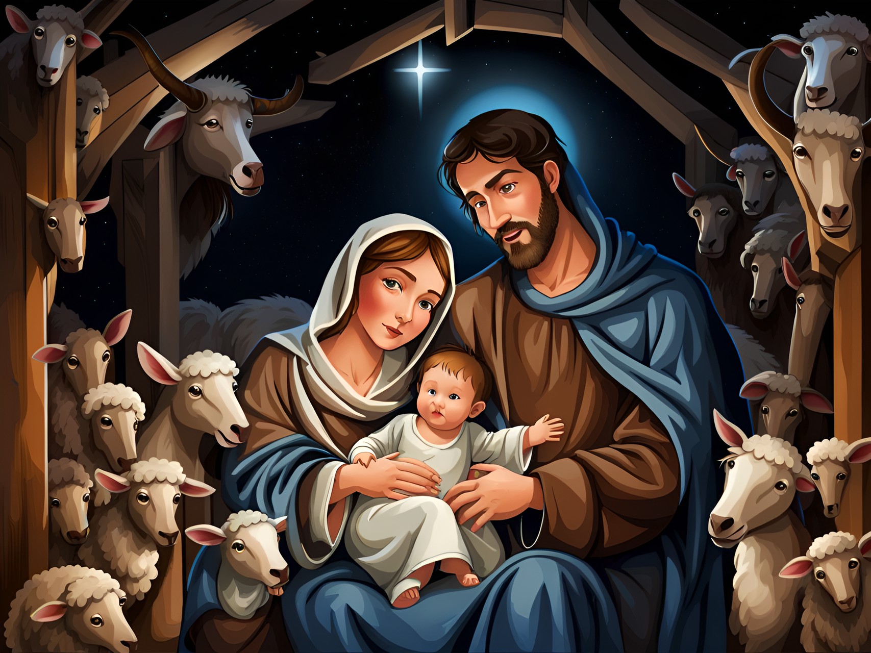 the virgin mary and saint joseph holding baby jesus in her arms, they are in a stable, nighttime, sheep, donkey, highly detailed, fantasy art preview