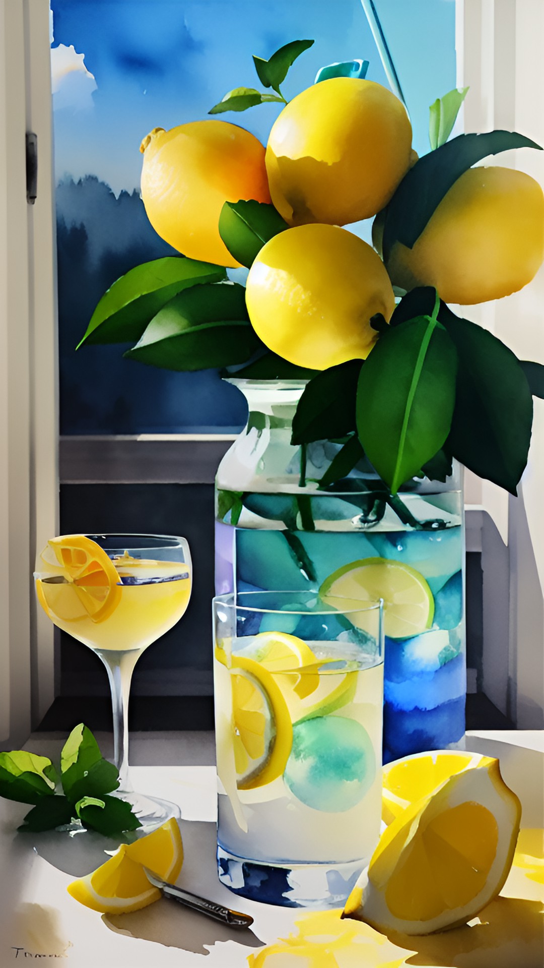 Lemons=Watercolours - lemons fresh bright yellow and lemon slices in drinks preview