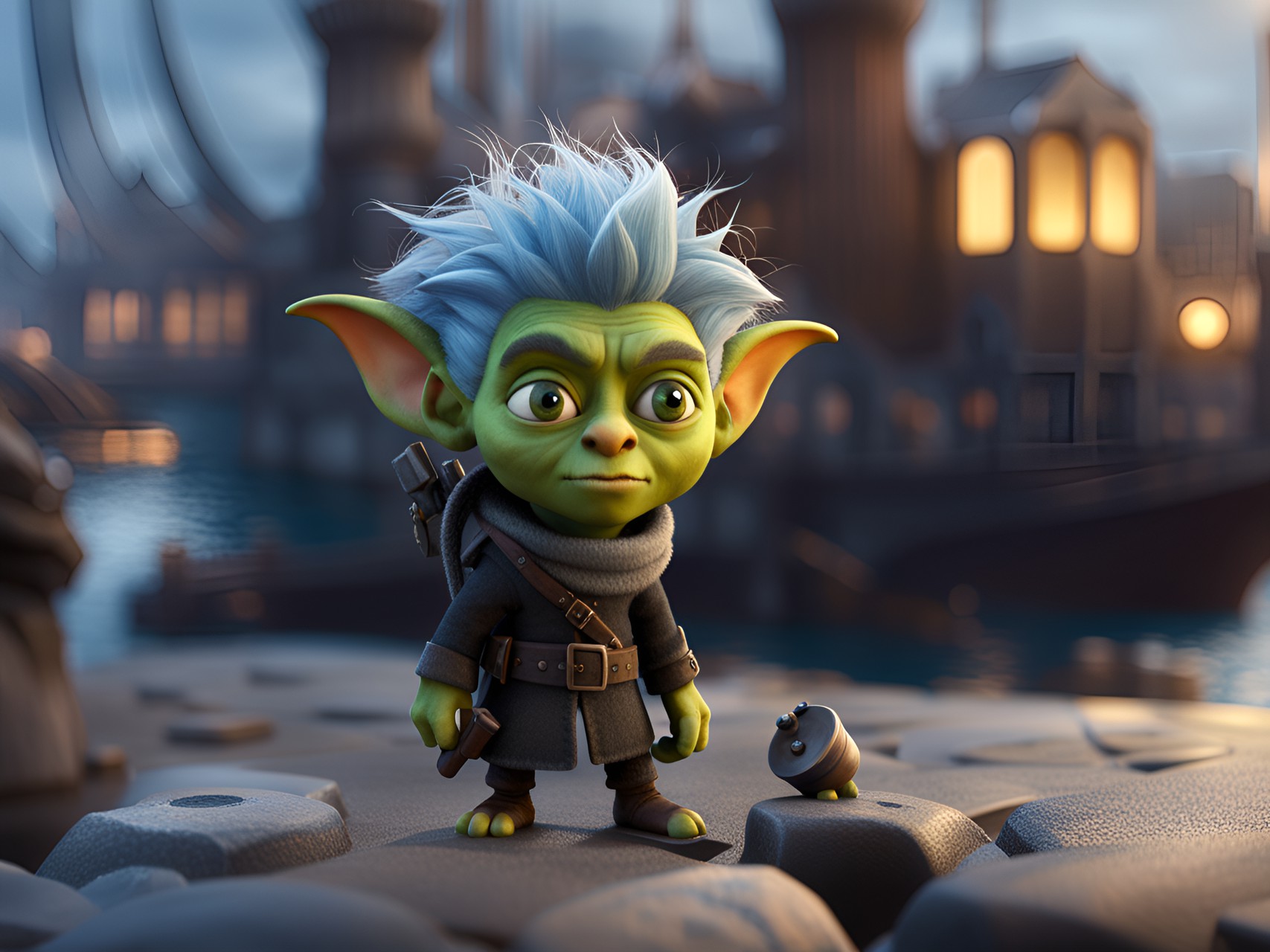 goblin spy - goblin spy with trashpunk hair miniature,(3d pixar render:3),miniature,on hamburg port background,by game of thrones,winter season,she cast a wormhole to future preview