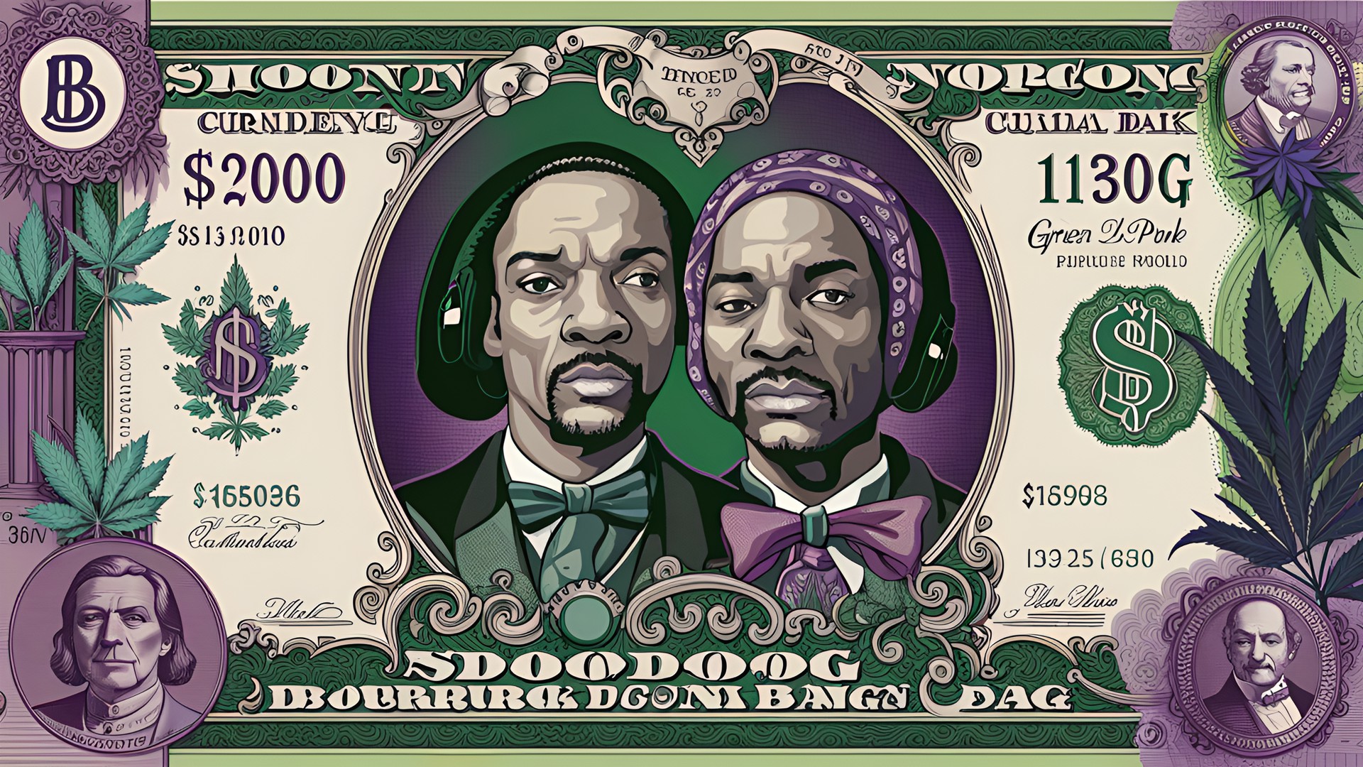 Snoop dollar - green and purple currency bank notes ,snoop dogg themed banknote ,weed themed bitcoin monogram, marijuana baroque masculine preview