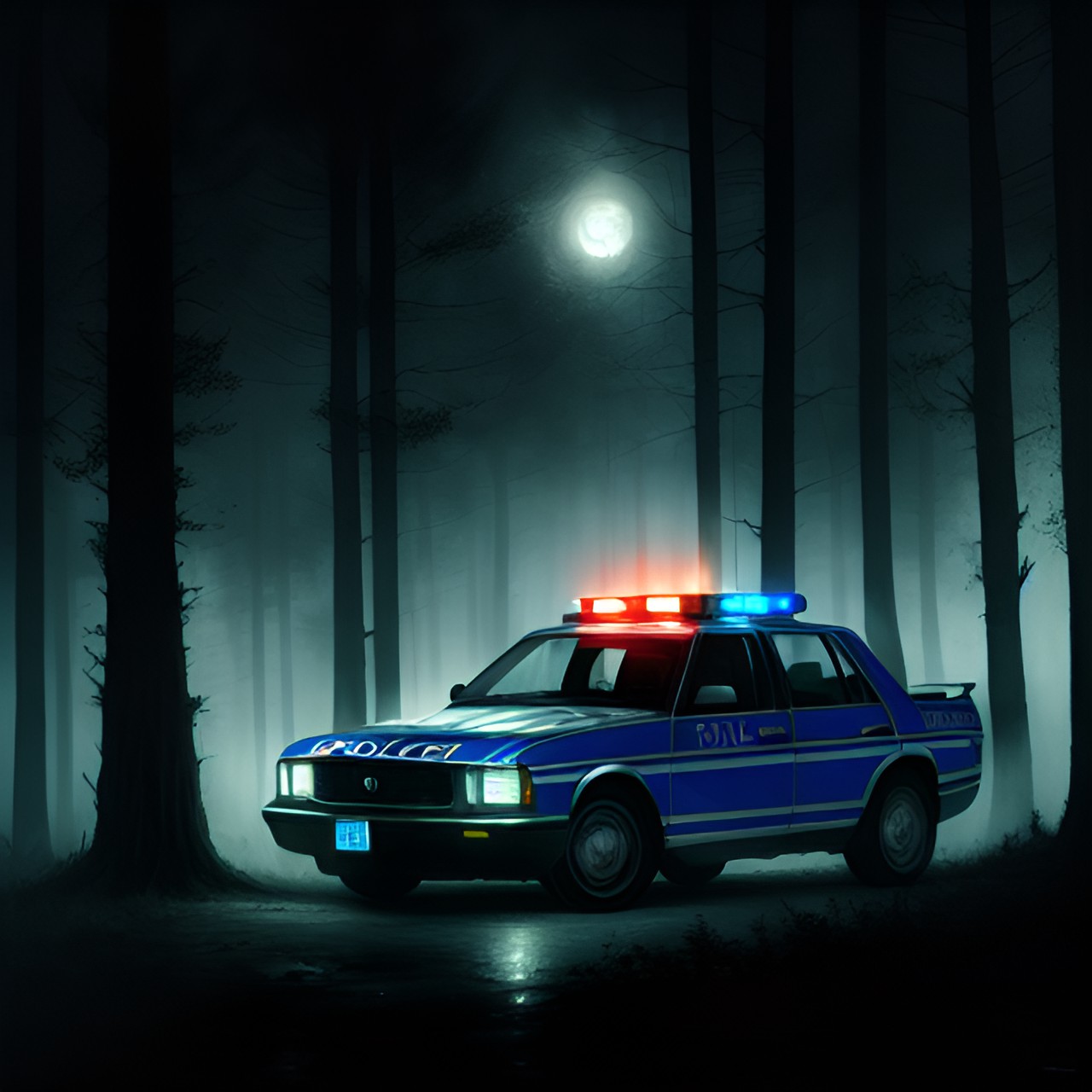 police car in scary nightly forest preview