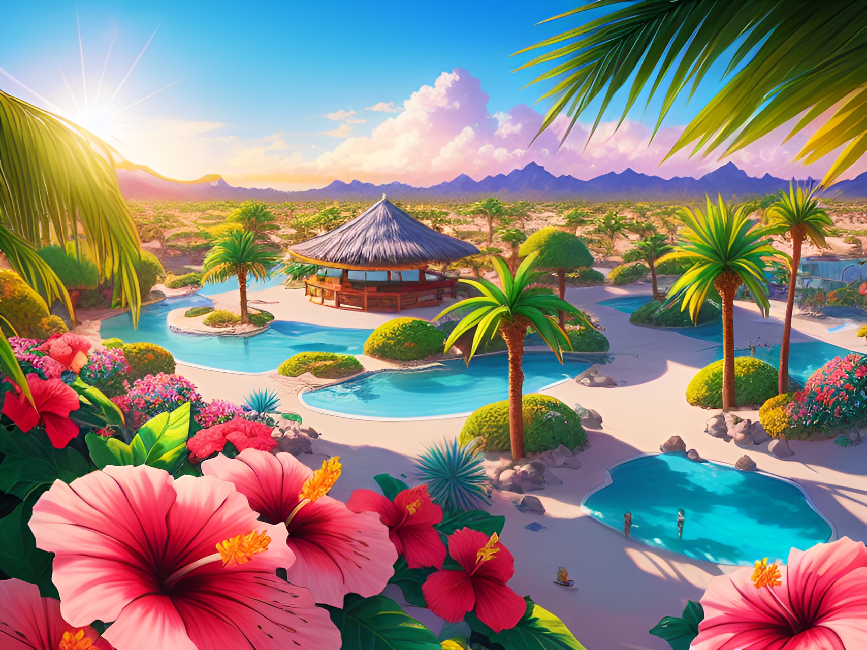 desert oasis tropical beach scene with hibiscus 🌸 preview