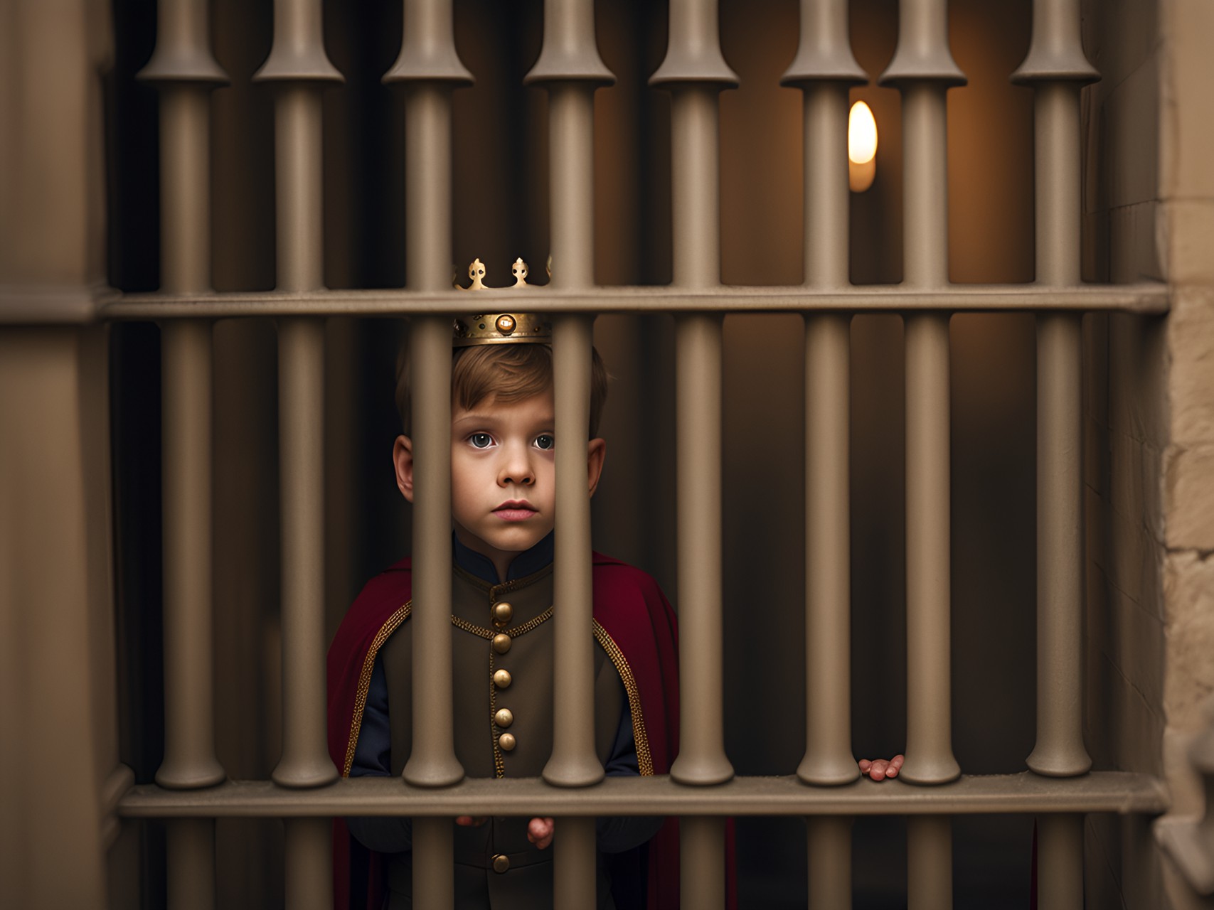 child states out through the bars of a closed portcullis. prince or pauper, the crown cares not - the children are the kingdom. preview