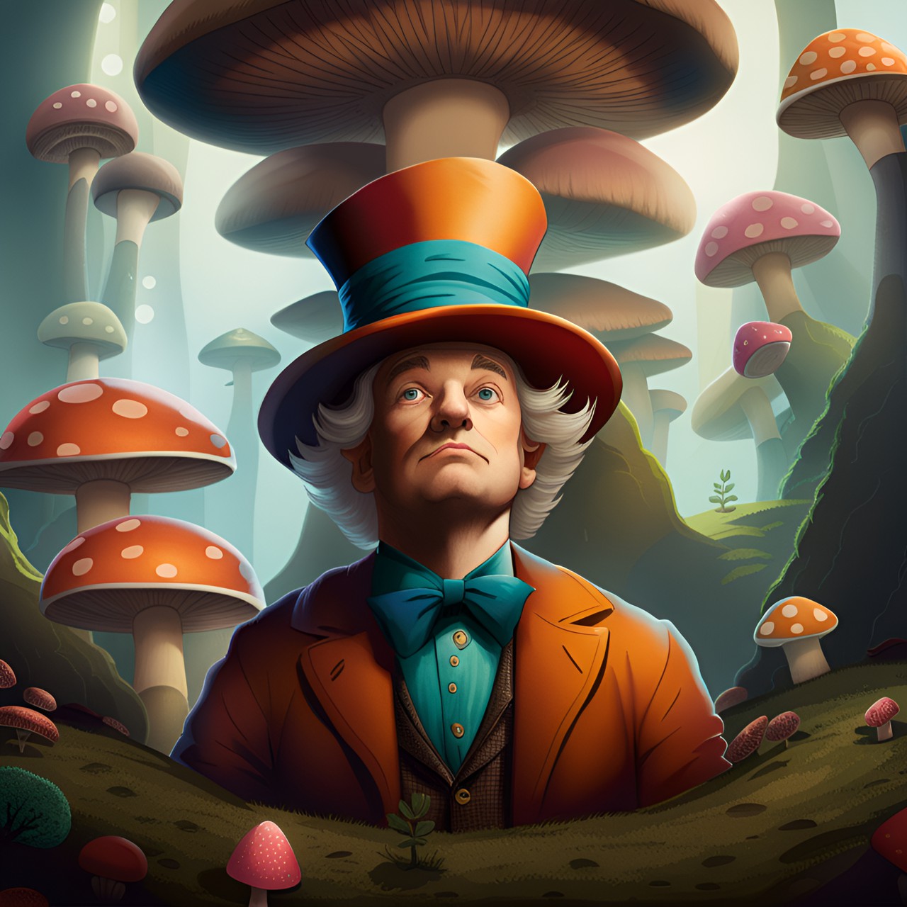 hatter in wonderland, looking up at the giant mushrooms with a look of wonder on his face. preview