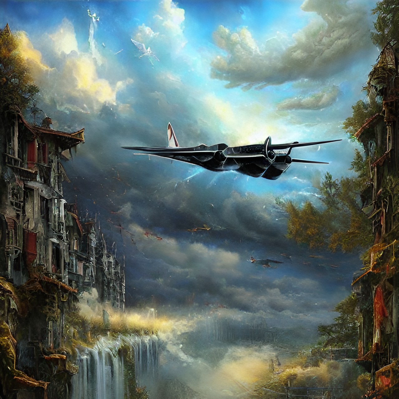 a cloud with planes, in the style of detailed fantasy art, dark cyan and light crimson preview