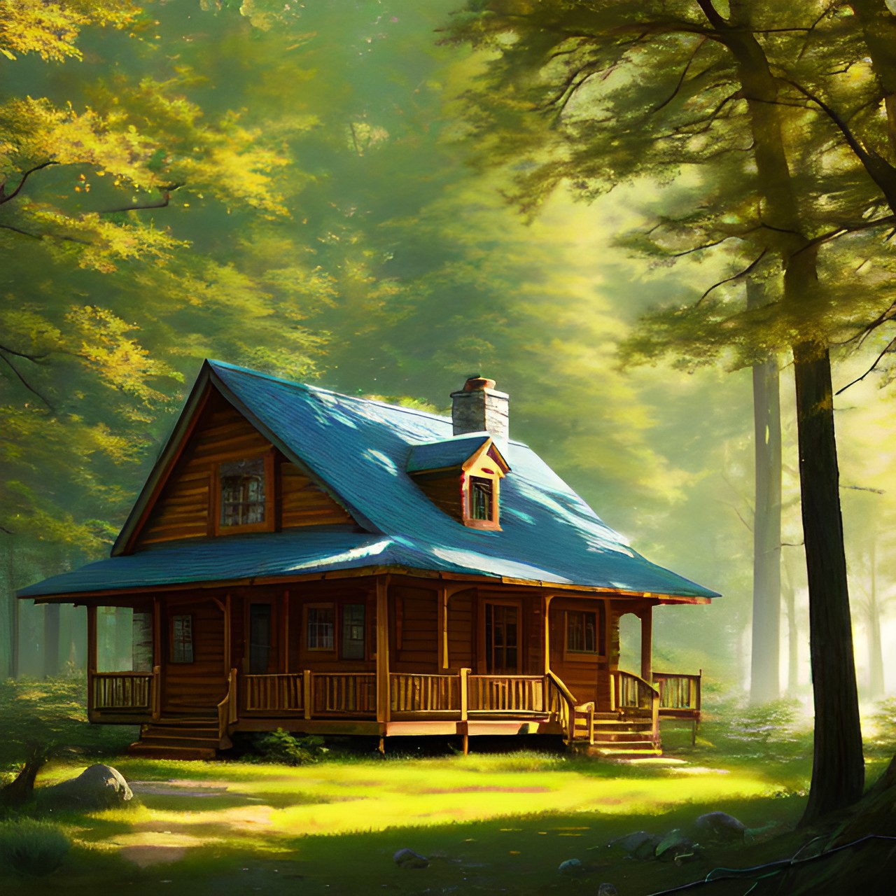 a wooden cabin in an oak forest  - a cozy wooden cabin in an oak forest, surrounded by tall trees and a peaceful atmosphere. preview