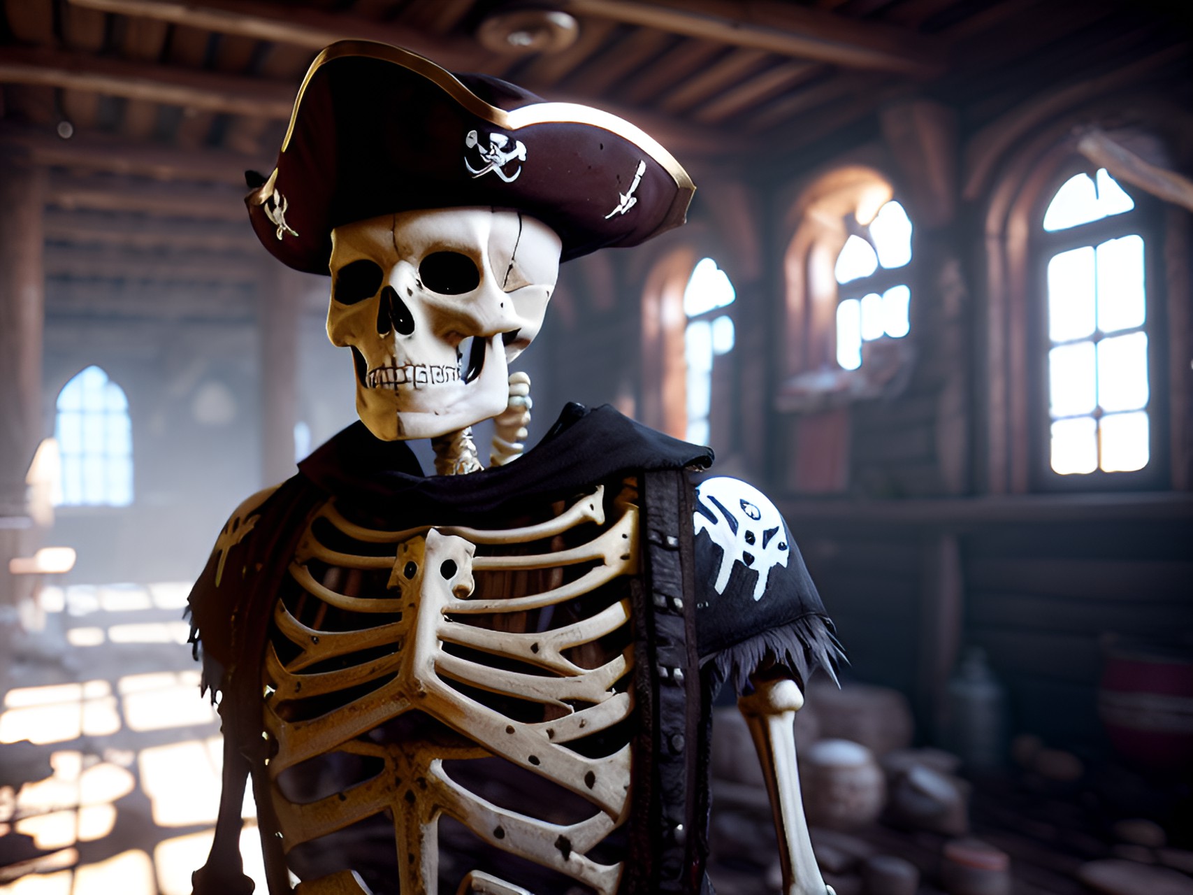 pirate skeleton covered in dust and cobwebs in an abandoned tavern preview