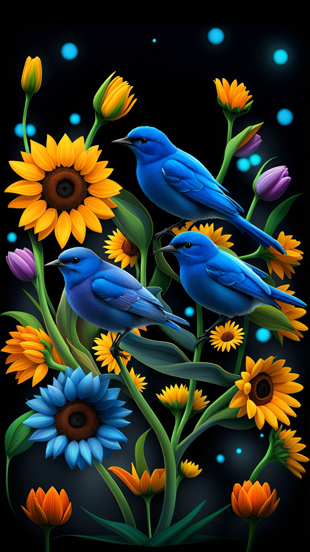 little bluebirds in a field of sunflowers and tulips at the break of dawn preview