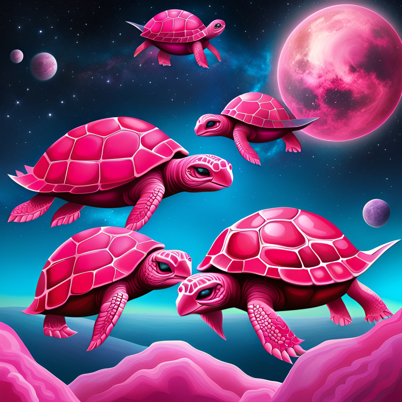 pink turtles in space, surrealism preview