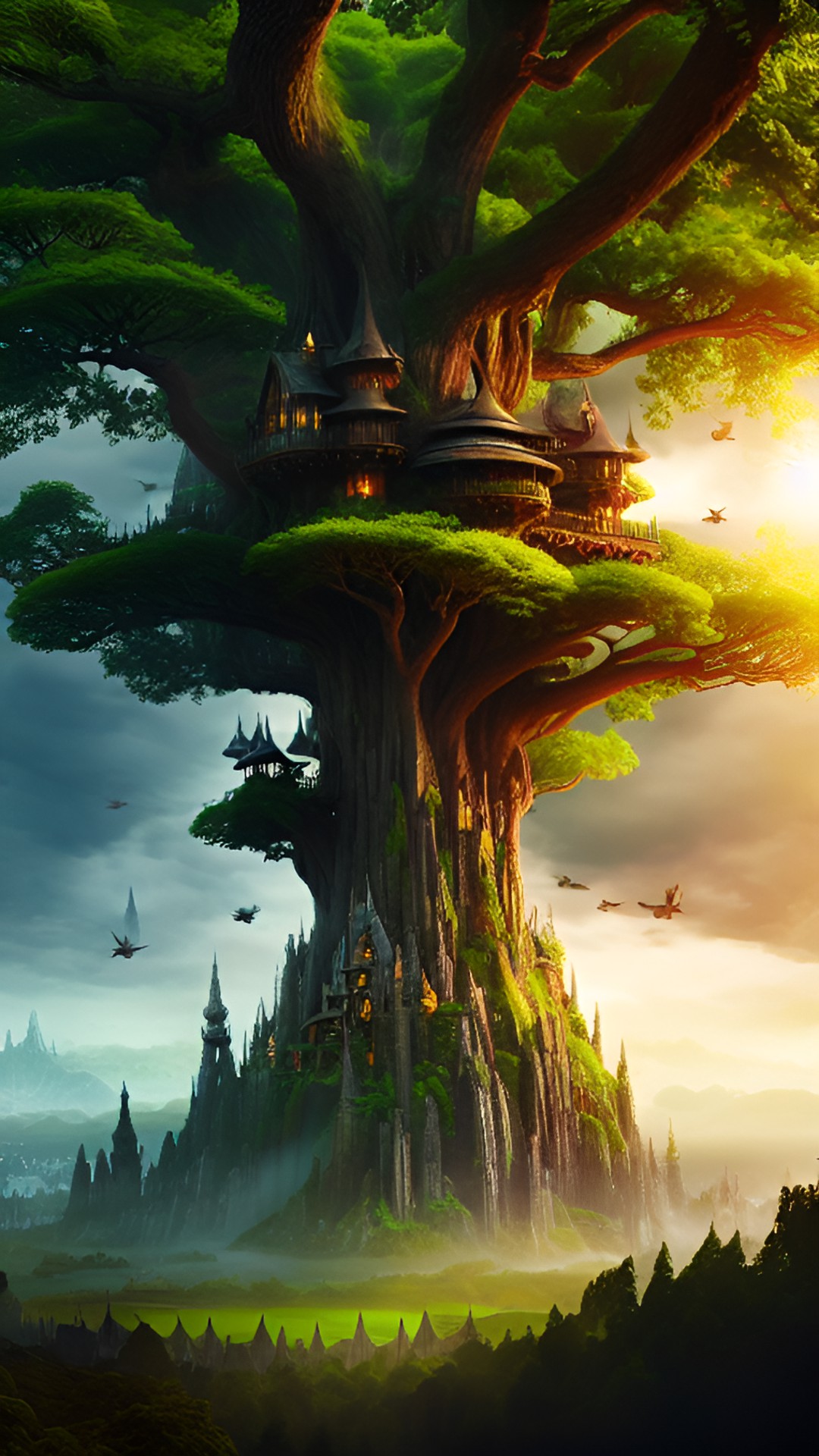 elvish city lothlorian in the tree. treehouses, buildings in the tree, lots of tiny buildings, huge elven city preview