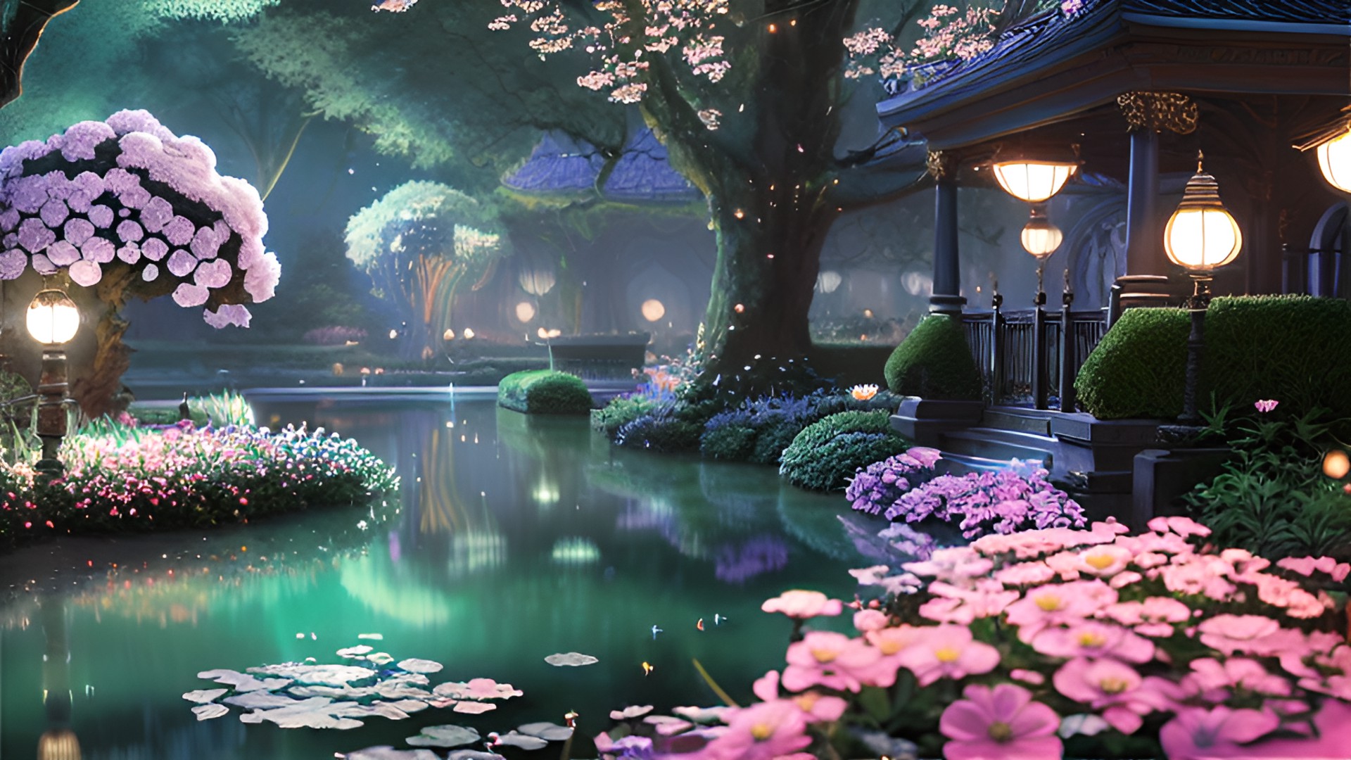 a moonlit etheteal garden of a grand castle, filled with night-blooming flowers and glowing fireflies preview