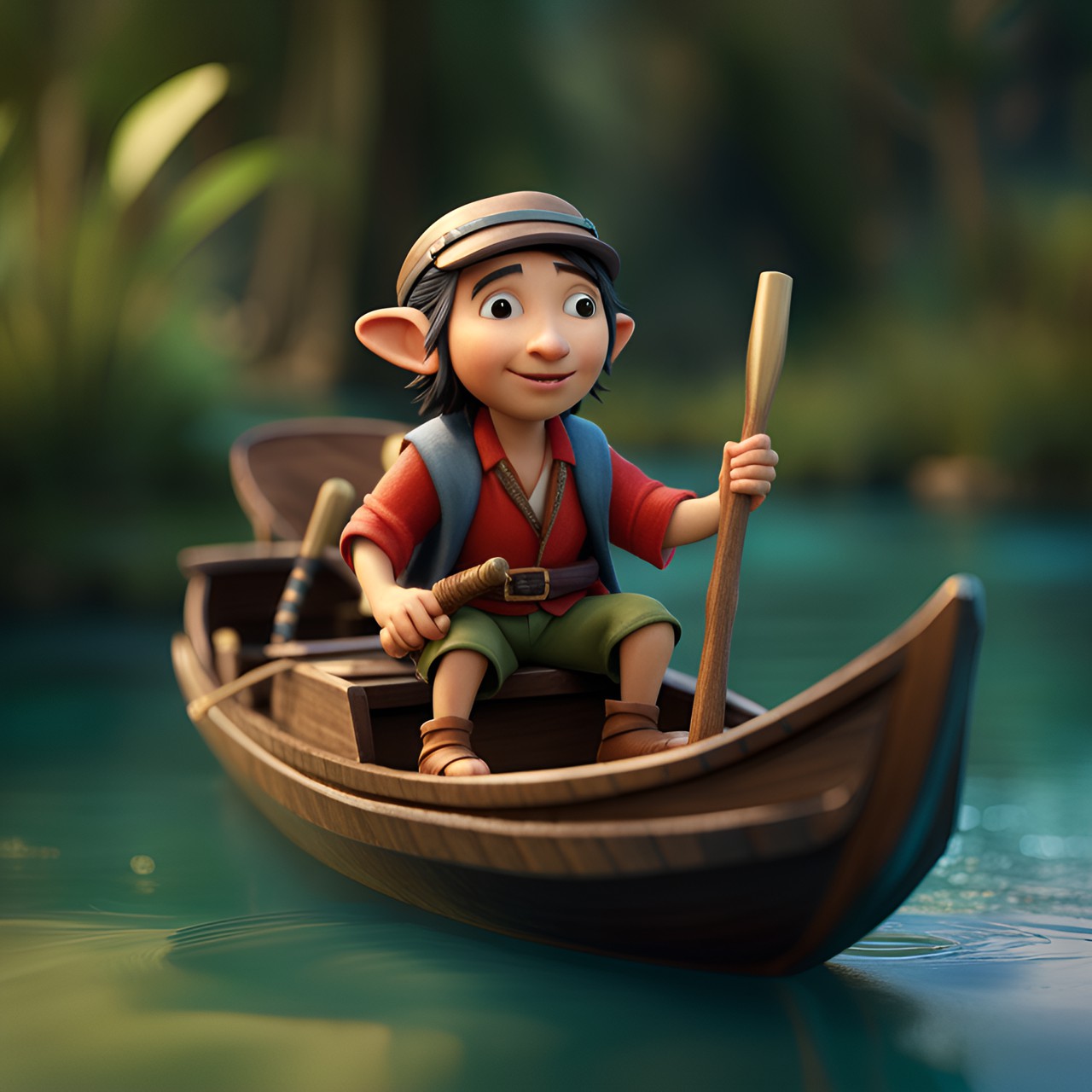 To Amazonas - funy hobbit adventurer boating on amazonas river, miniature,(3d pixar render:3),miniature preview