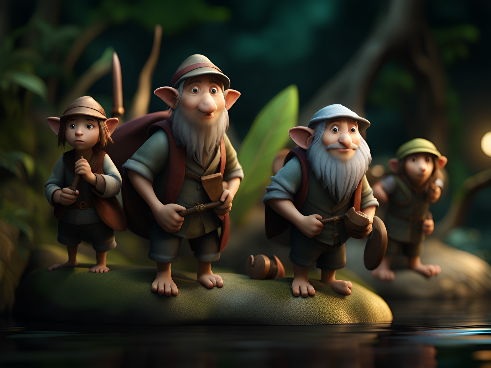 expedition - funy hobbit adventurer meet the wildlife on amazonas river, miniature,(3d pixar render:3),dark scene,animals watching them preview