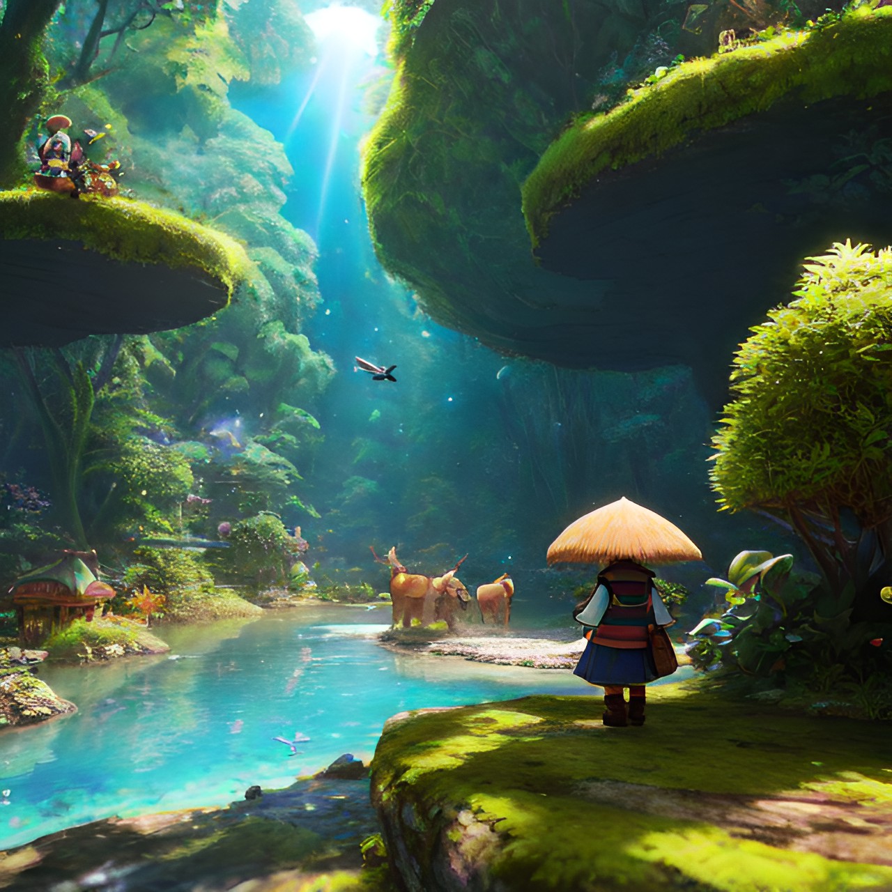 Amazonia anime - funy hobbit adventurer meet the wildlife on amazonas river, miniature,(3d pixar render:3),dark scene,animals watching them preview