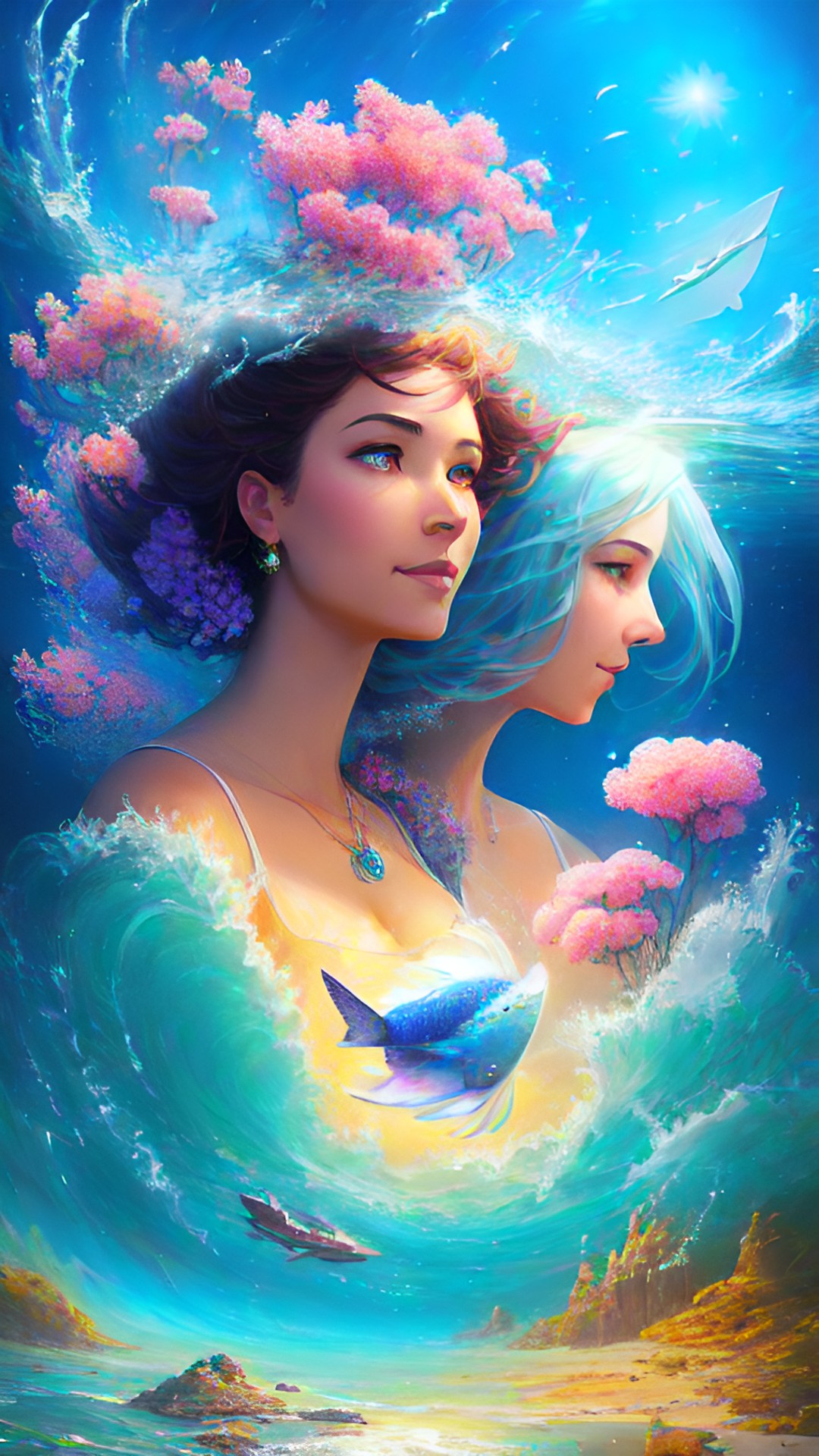portrait of anthropomorphic summer and anthropomorphic sea. happiness, super-resolution, 128k, 5d, volumetric lighting, time-lapse, ultra-wide f/22, flowers preview