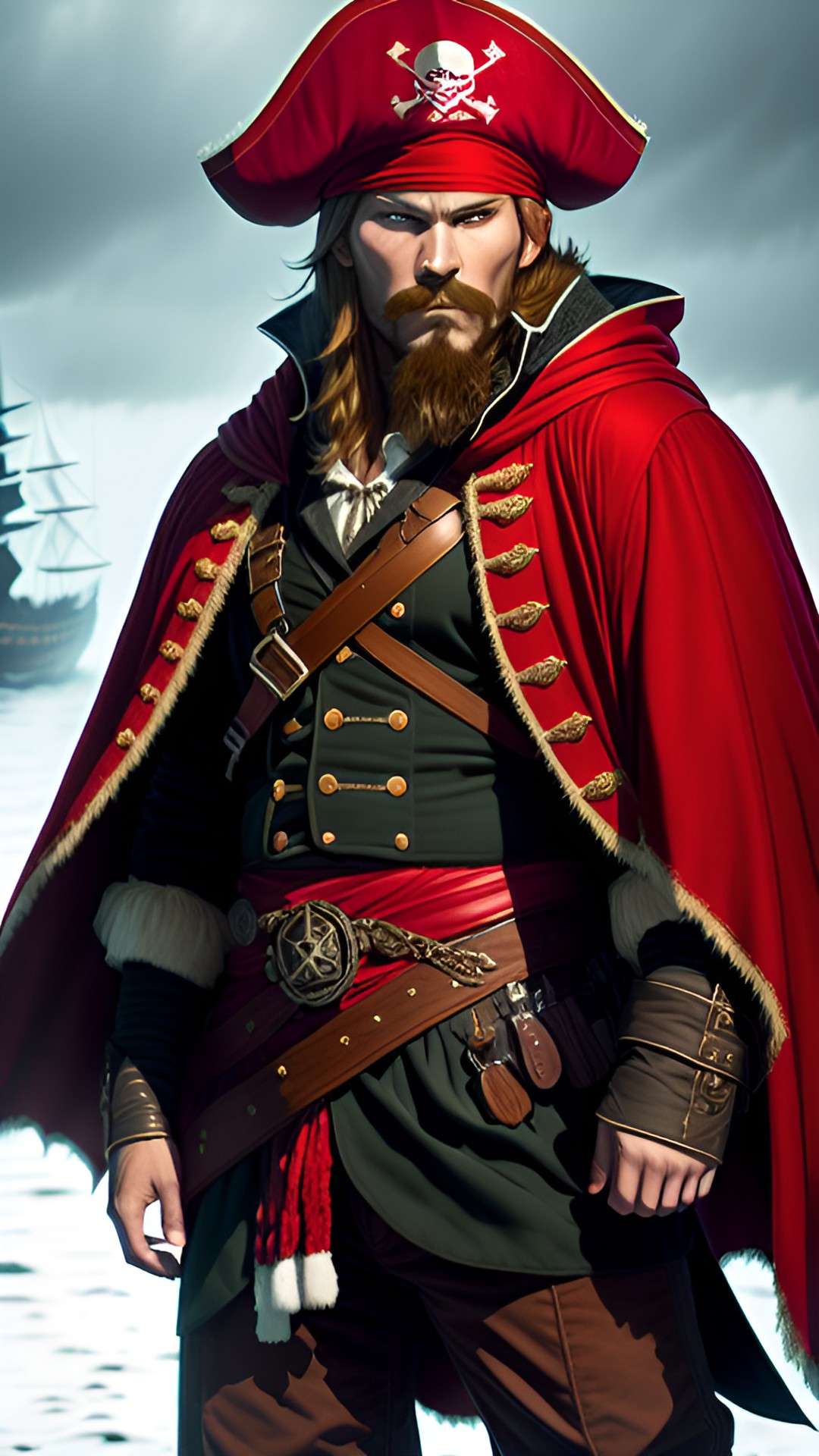 pirate, captain, red cloak, intimidating, scruffy preview