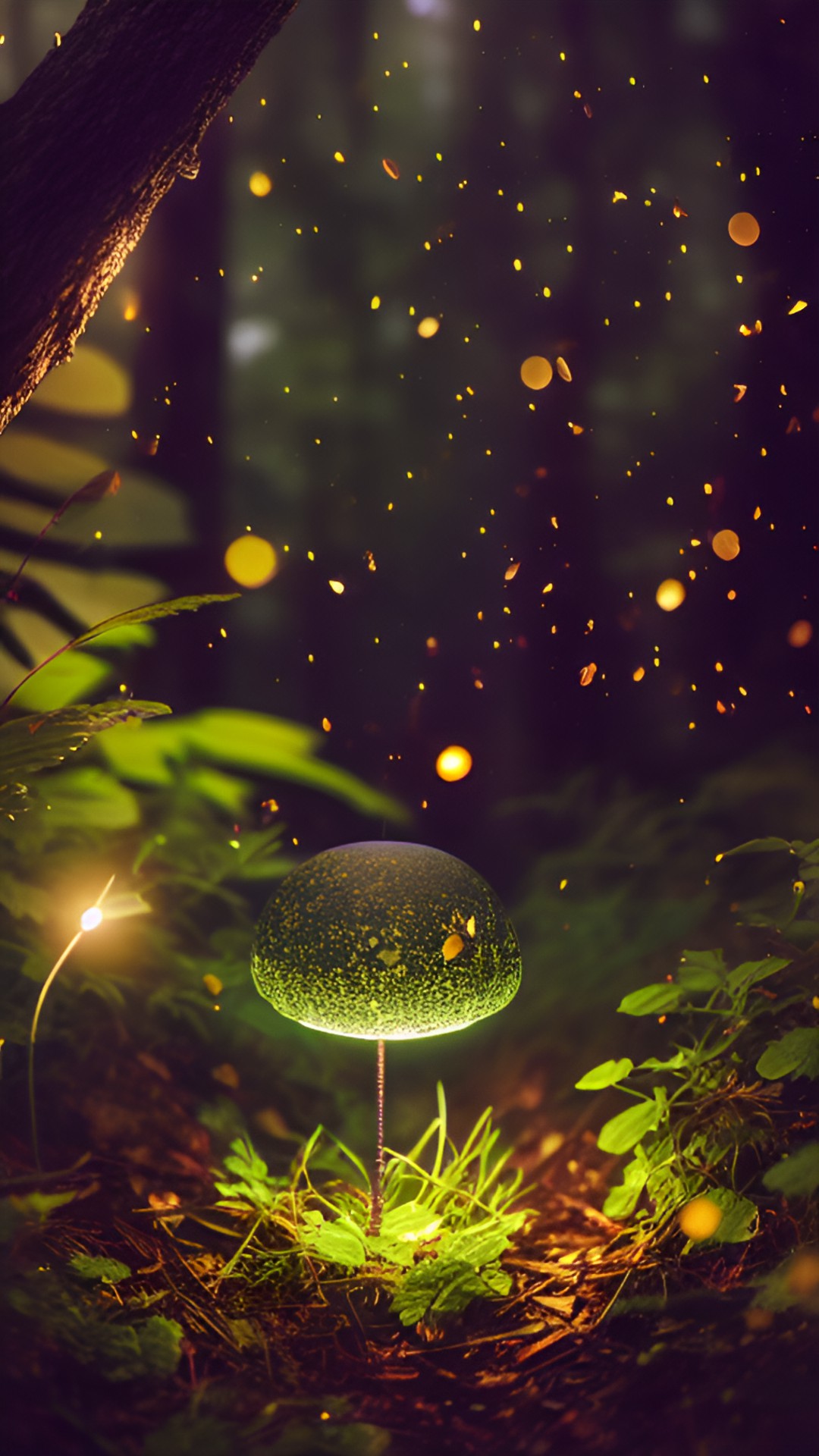 fireflies in a forest clearing. midnight, crescent moon. fantasy. magical. preview