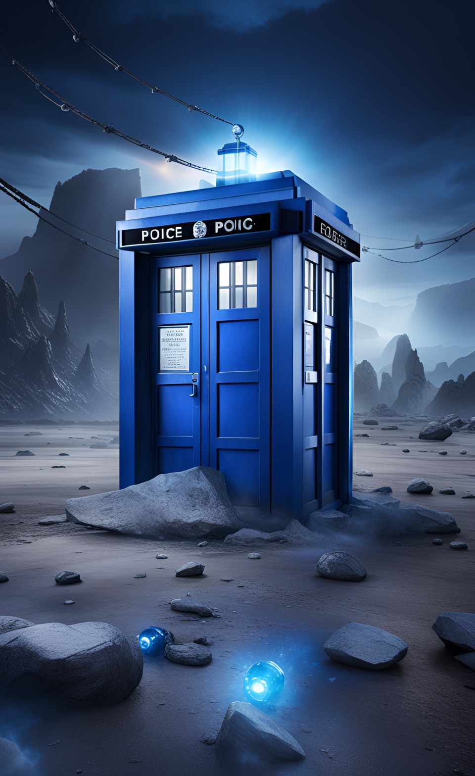 Dr.’s Police booth - a clean futuristic styled blue police box in a otherworldly destroyed location preview