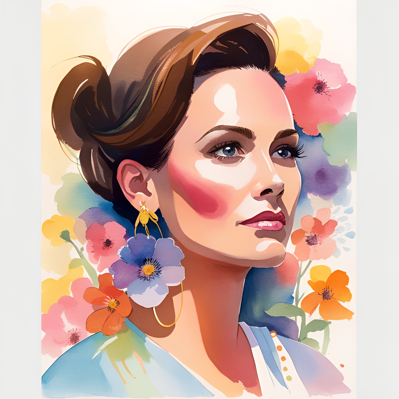 portrait of a woman with brown hair wearing large earrings, surrounded by flowers preview