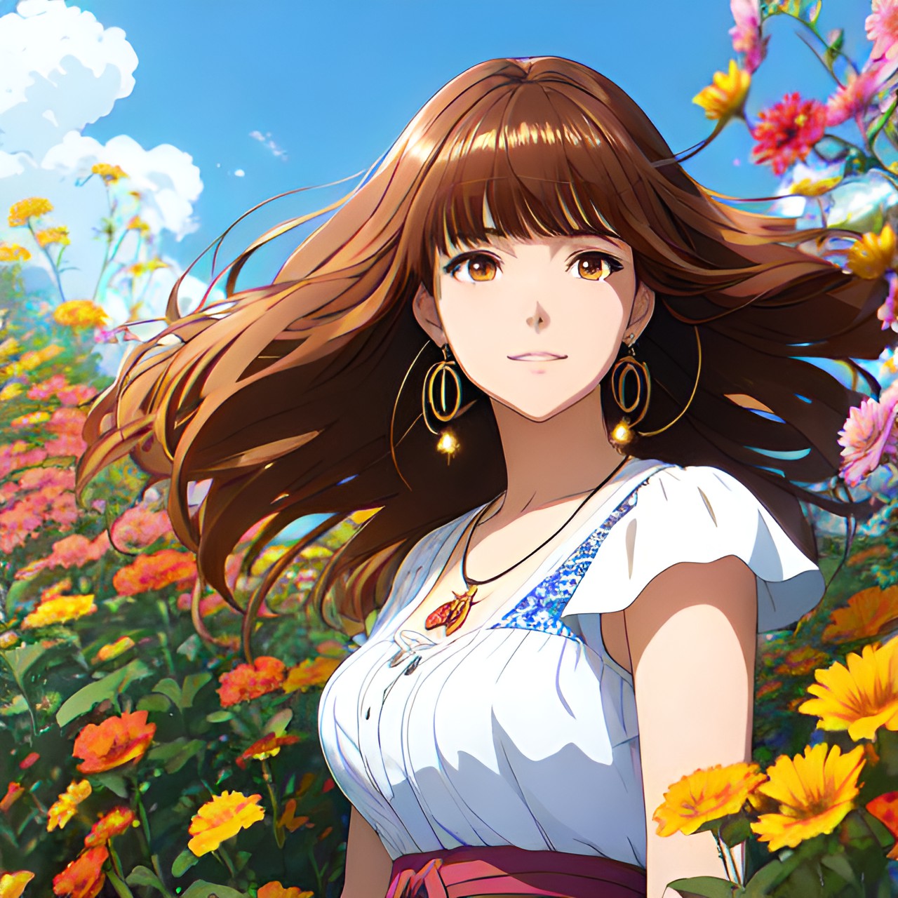 portrait of a woman with brown hair wearing large earrings, surrounded by flowers preview