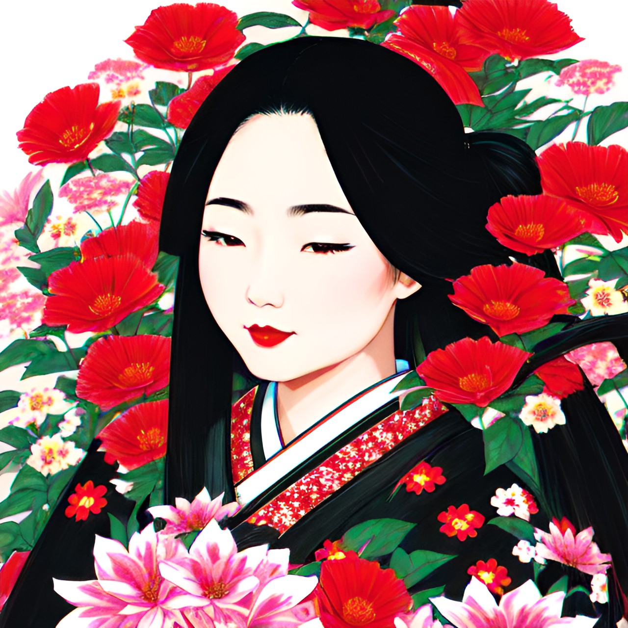 portrait of a japanese woman with long black hair and red lips, surrounded by flowers preview