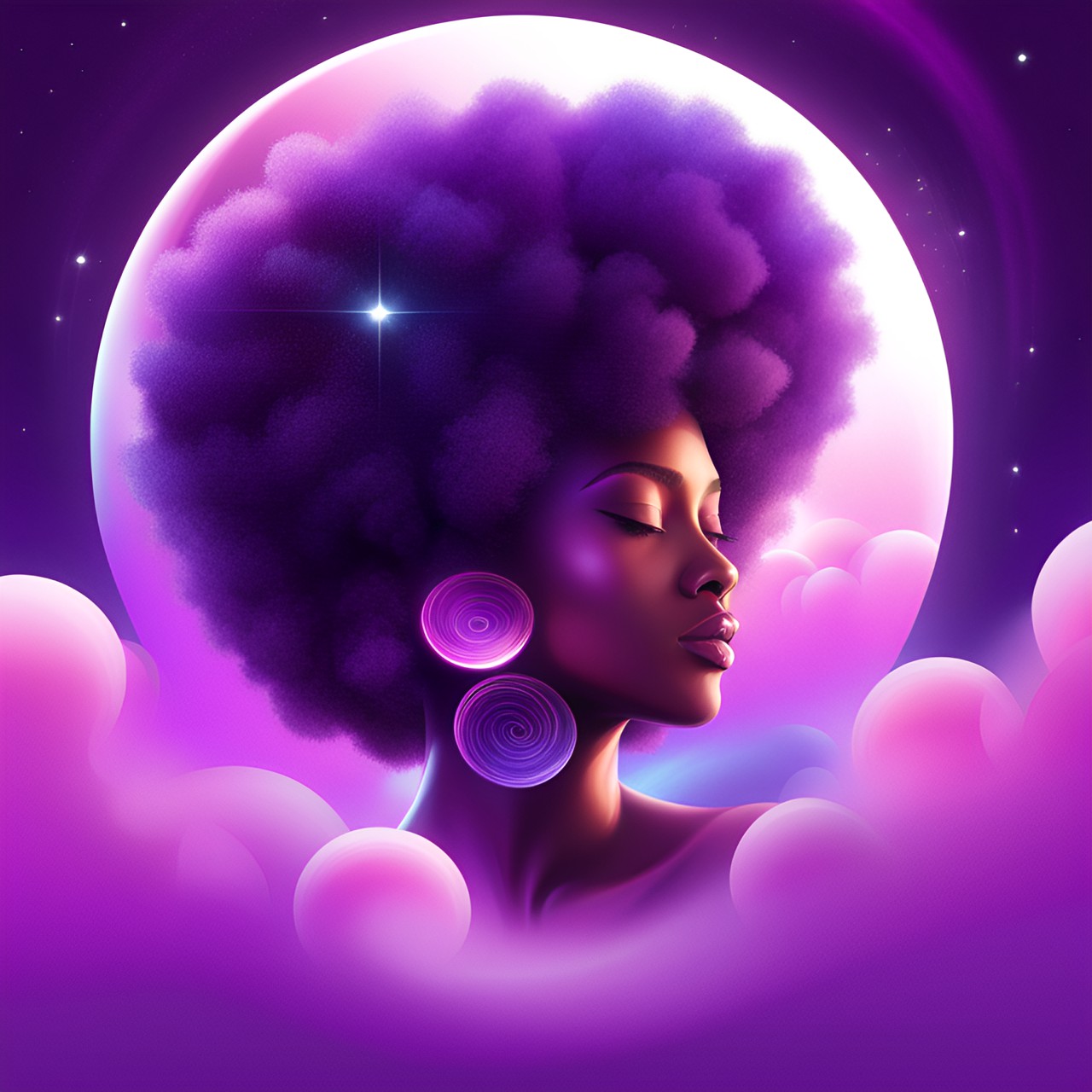 a purple sun, a purple lady with an afro led down, a purple crescent moon, fluffy white clouds, lilac and pink background preview