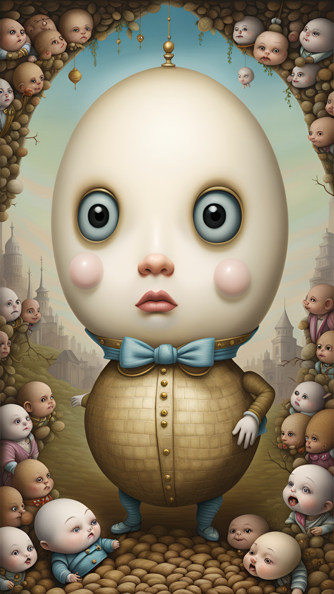 humpty dumpty
ero-guro mark ryden art style, large glossy eyes, pop surrealism, avant-garde, highly textured  whimsical, excellent composition, fix everything, highly detailed portrait, idealation, styles:
((bob doucette, kazuichi hanawa, toshio saeki, suehiro maruo, hammaru matino, shintaro kago, hideshi hino, junji ito)) preview